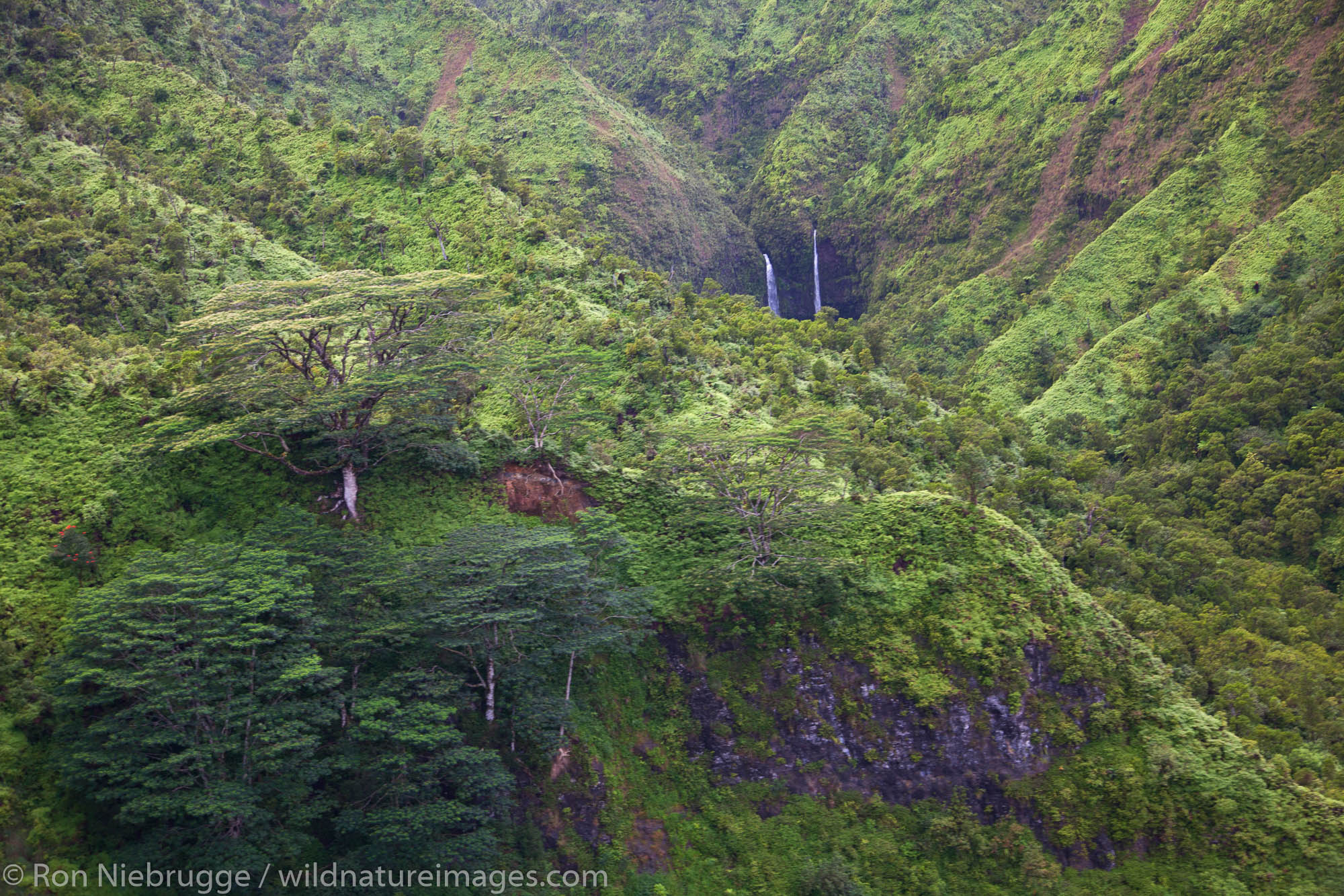 Aerial of waterfalls, Kauai, Hawaii.