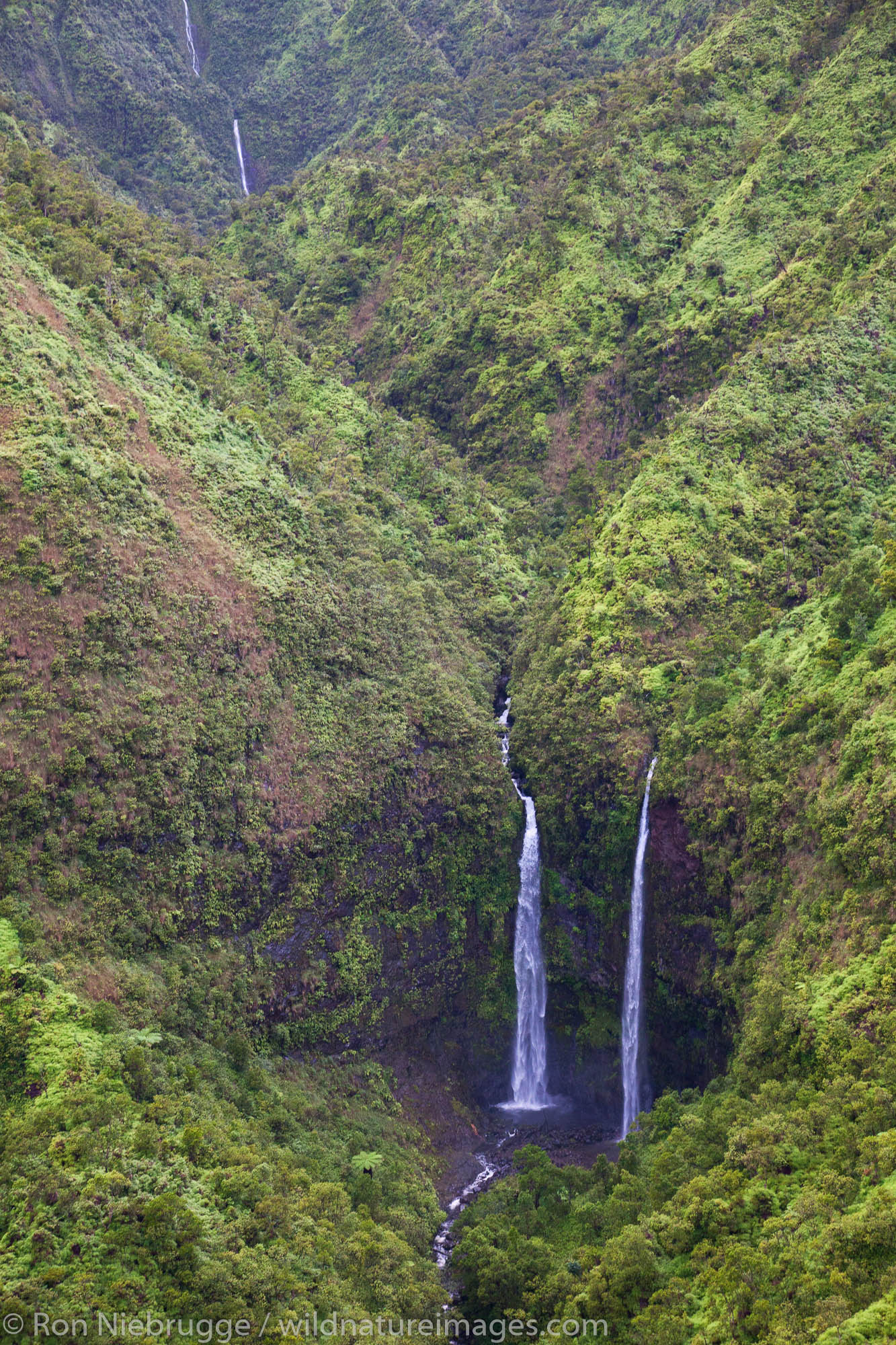 Aerial of waterfalls, Kauai, Hawaii.