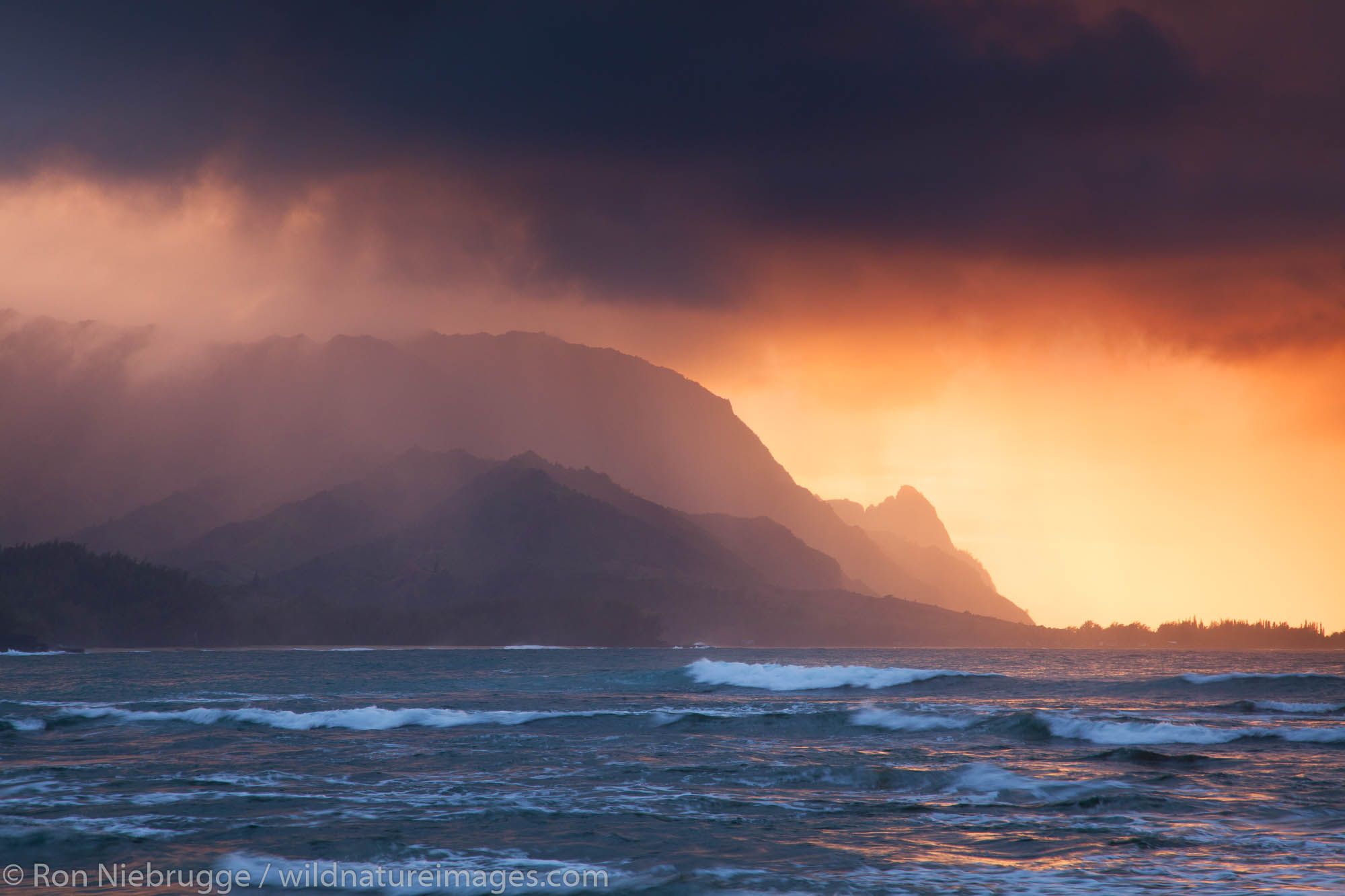 Sunset Hanalei Bay, Looking towards the Na Pali Coast from Hanalei Bay, Kauai, Hawaii.