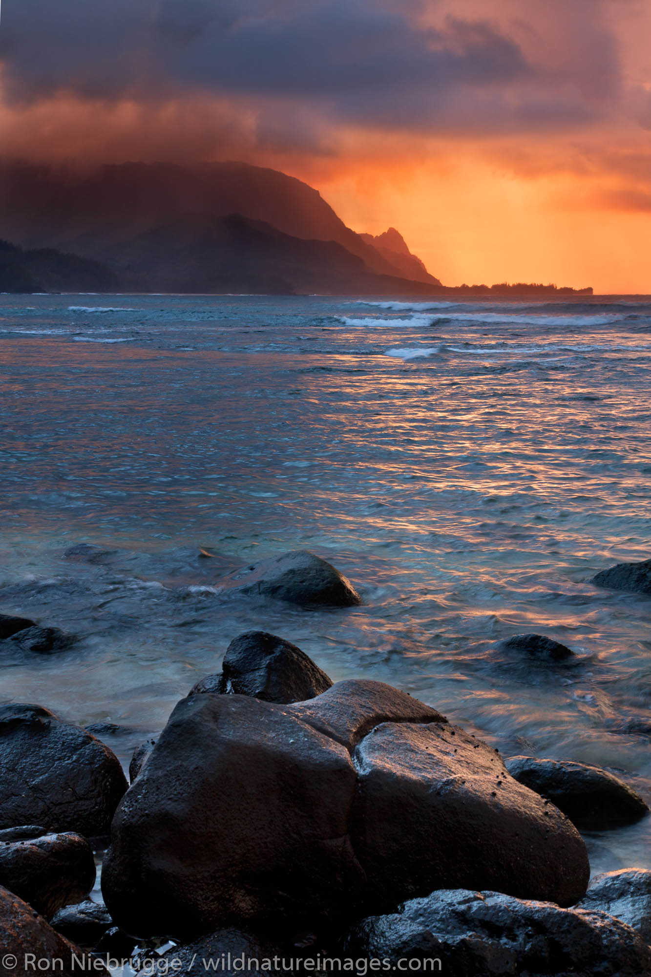 Sunset Hanalei Bay, Looking towards the Na Pali Coast from Hanalei Bay, Kauai, Hawaii.