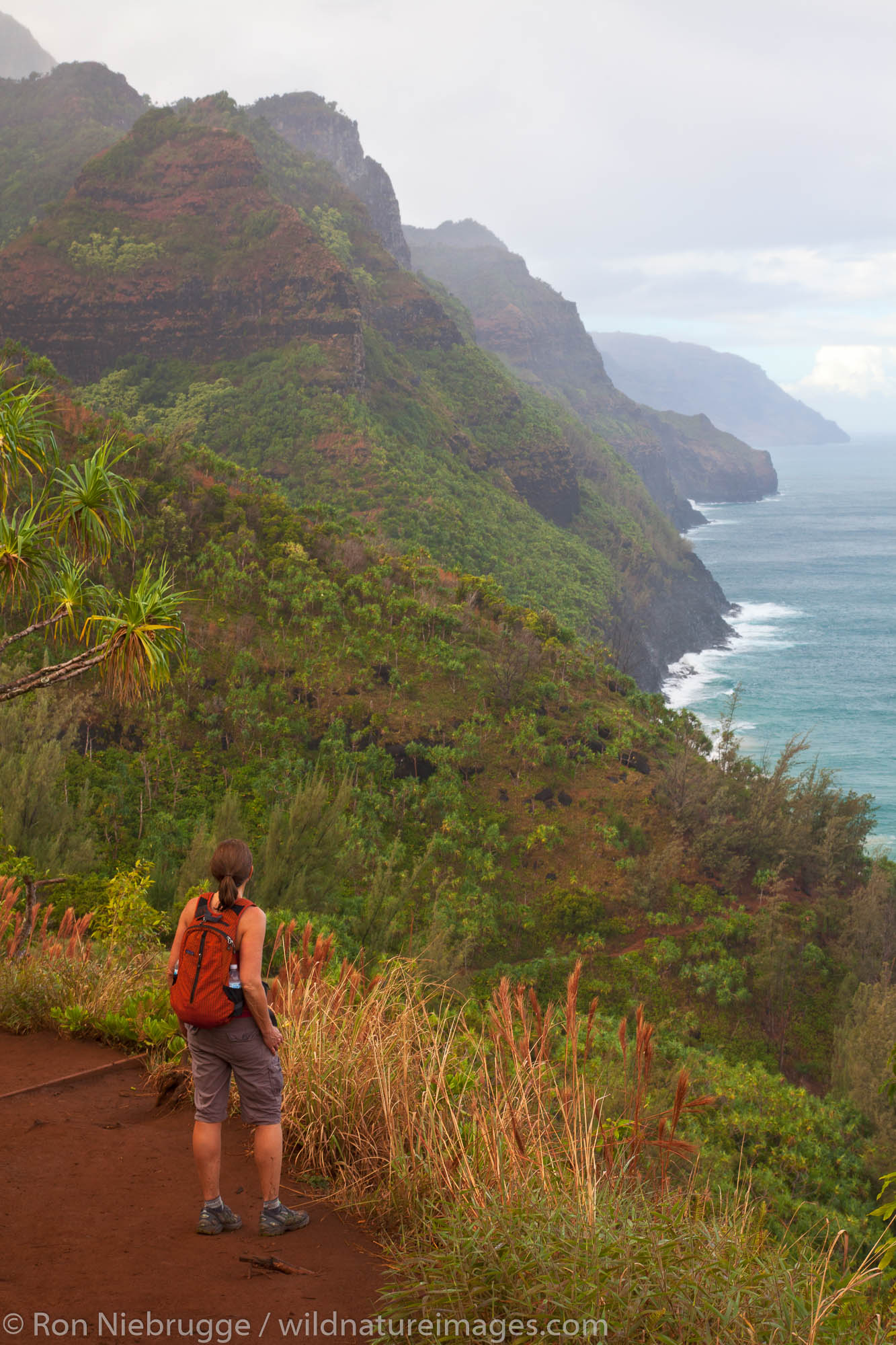 A hiker on the Kalalau Trail, Na Pali Coast, Kauai, Hawaii.  (model released)