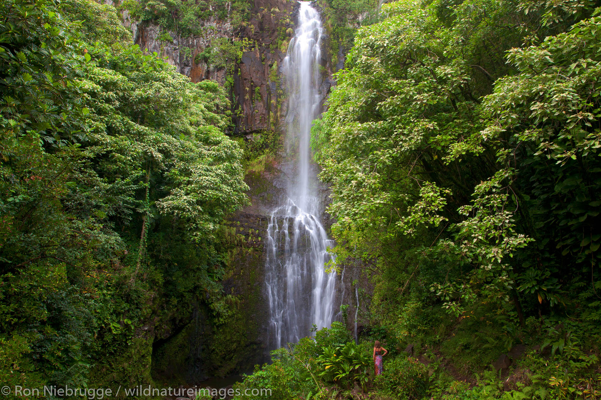 A visitor at Wailua Falls, near Hana, Maui, Hawaii.  (model released)