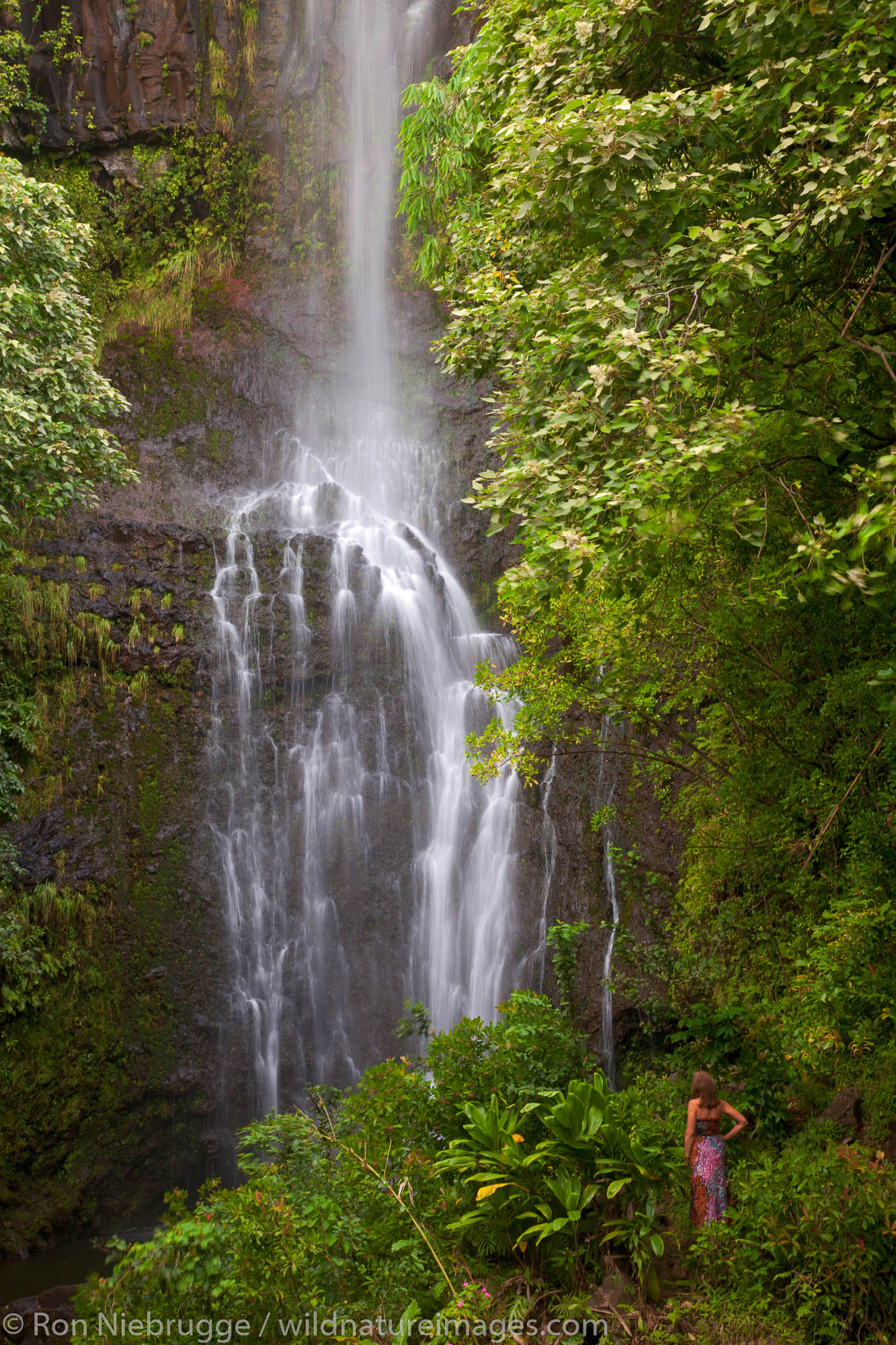 A visitor at Wailua Falls, near Hana, Maui, Hawaii.  (model released)