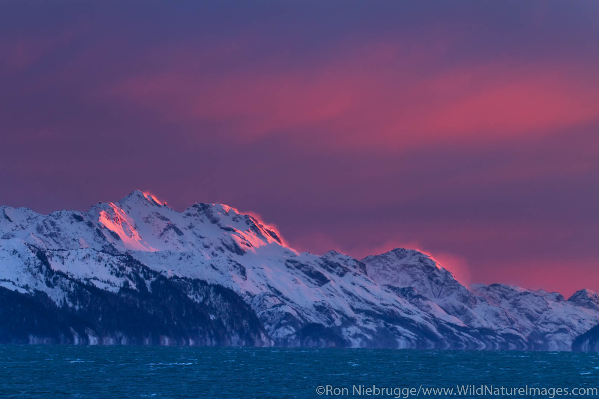 Winter sunset on Resurrection Bay, Seward, Alaska.