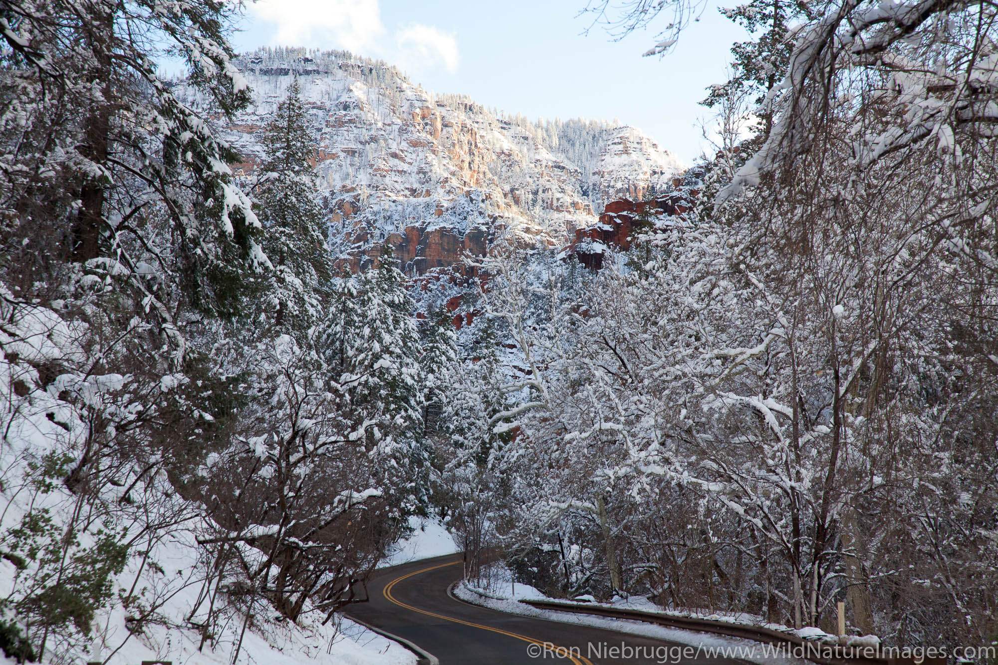Winter snow along Oak Creek Canyon and Highway 89A, Sedona, Arizona.