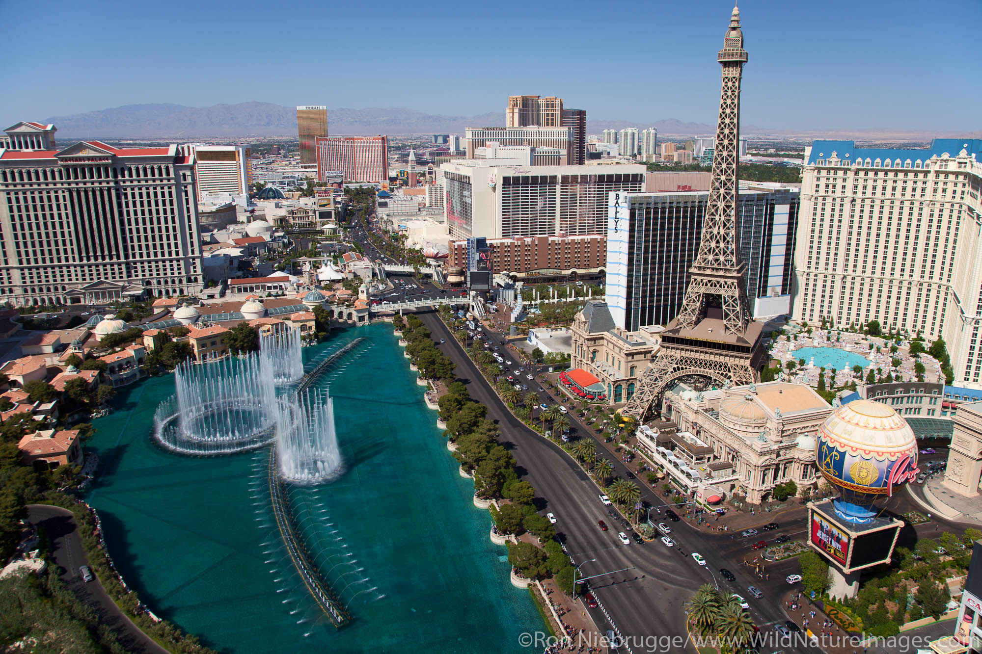 Aerial of Bellagio Fountain show, Las Vegas, Nevada.