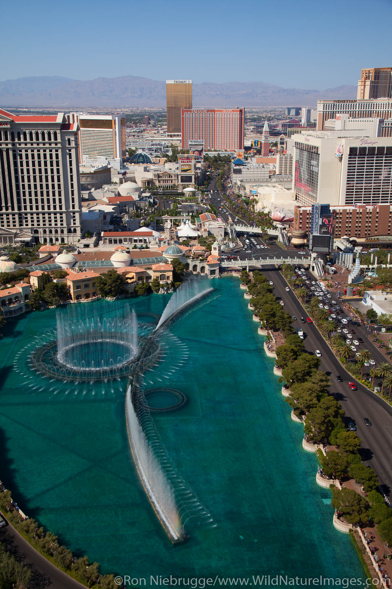 Aerial of Bellagio Fountain show, Las Vegas, Nevada.