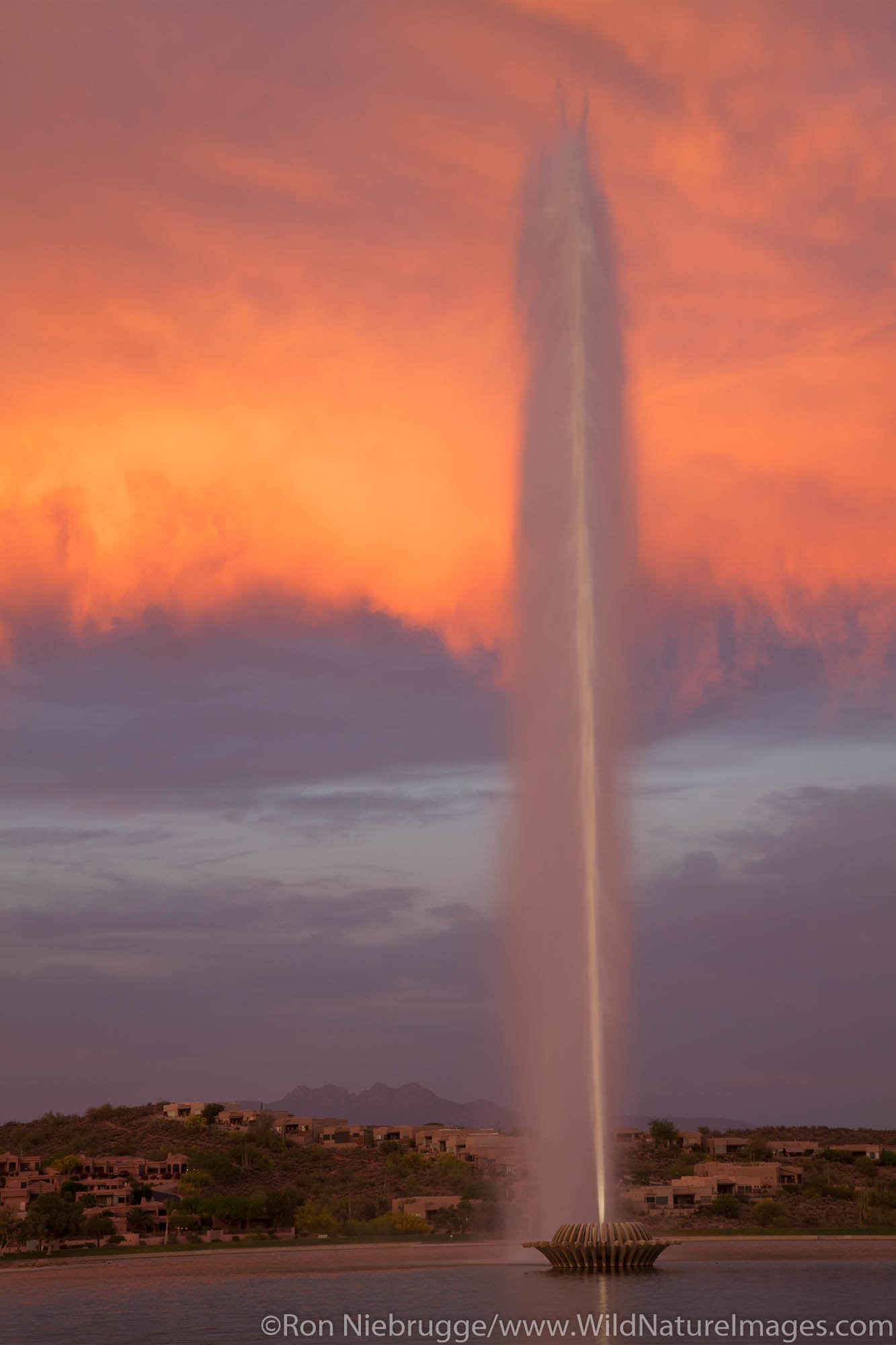 The fountain at sunset, Fountain Hills and East of Phoenix, Arizona.