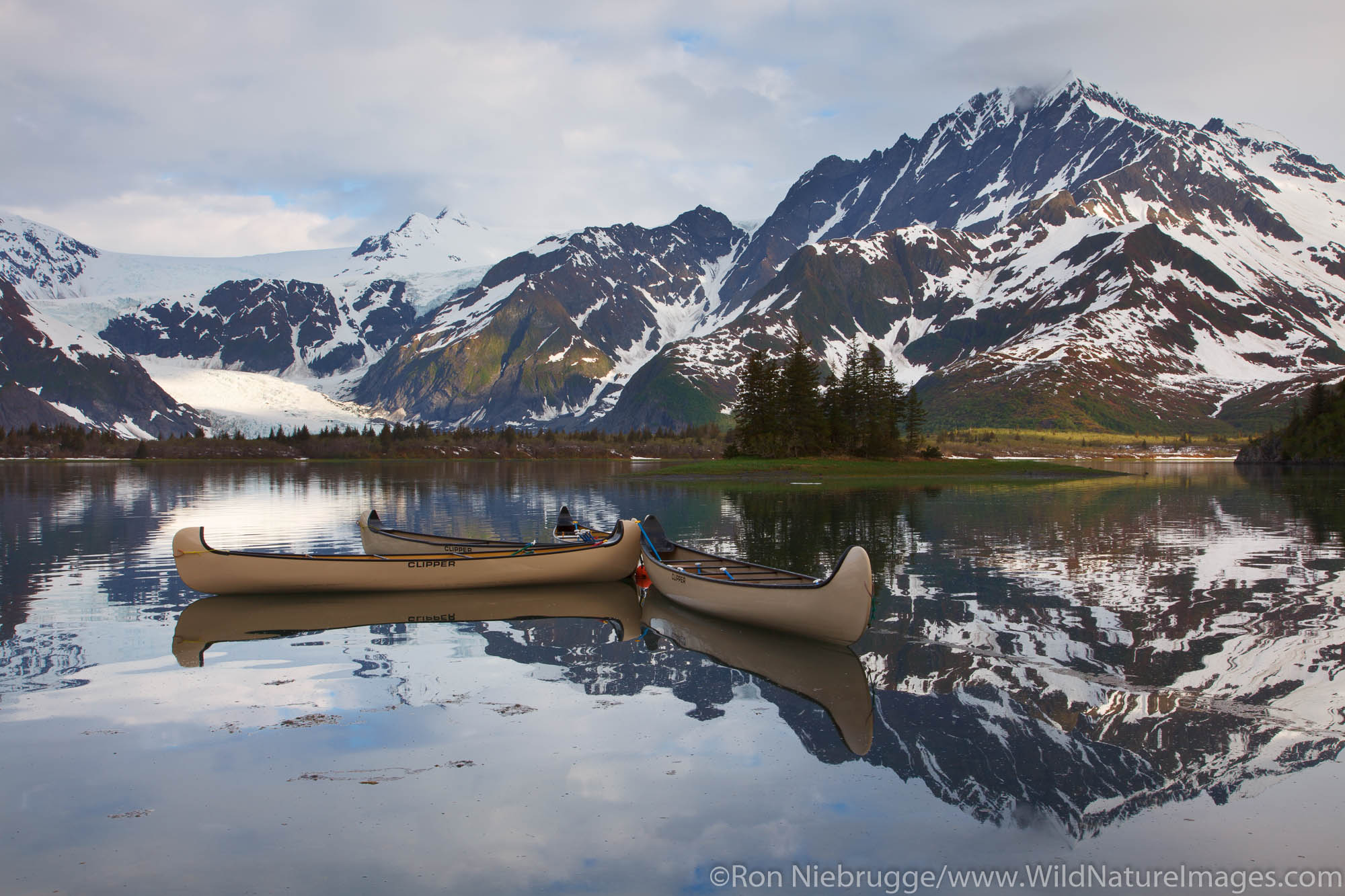 Canoes in Pedersen Lagoon from the Kenai Fjords Glacier Lodge, Kenai Fjords National Park, near Seward, Alaska.