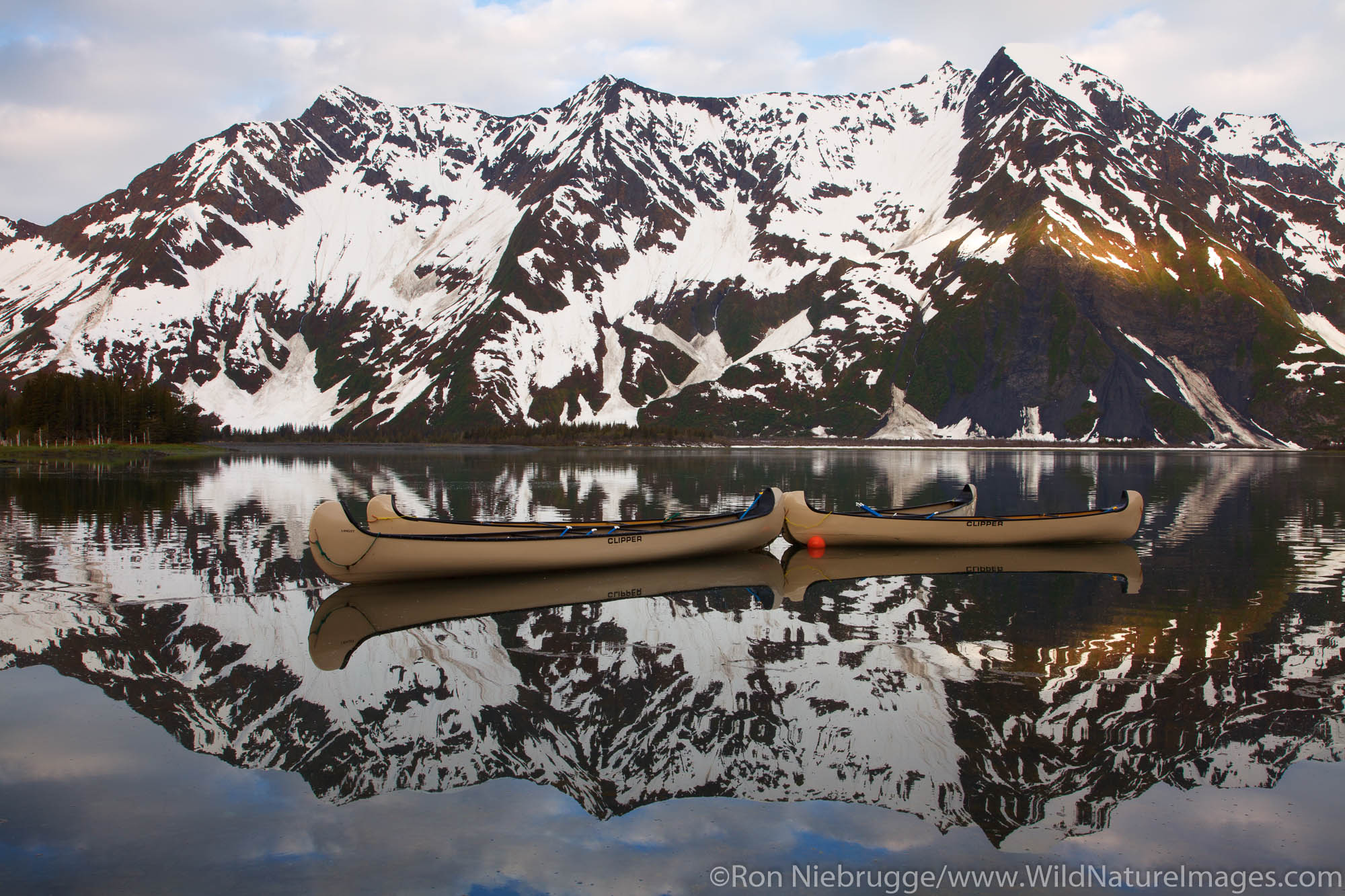 Canoes in Pedersen Lagoon from the Kenai Fjords Glacier Lodge, Kenai Fjords National Park, near Seward, Alaska.
