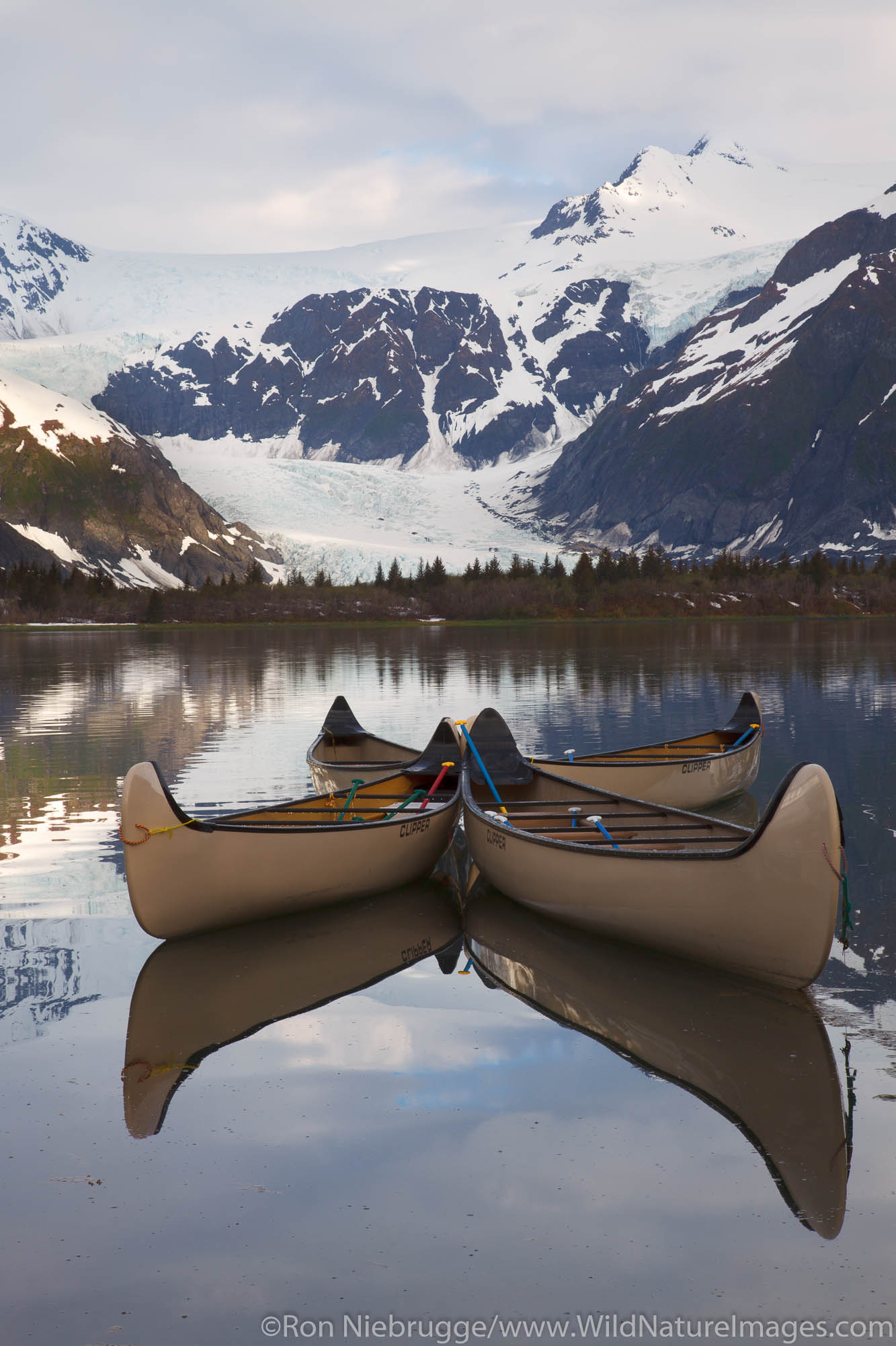 Canoes in Pedersen Lagoon from the Kenai Fjords Glacier Lodge, Kenai Fjords National Park, near Seward, Alaska.