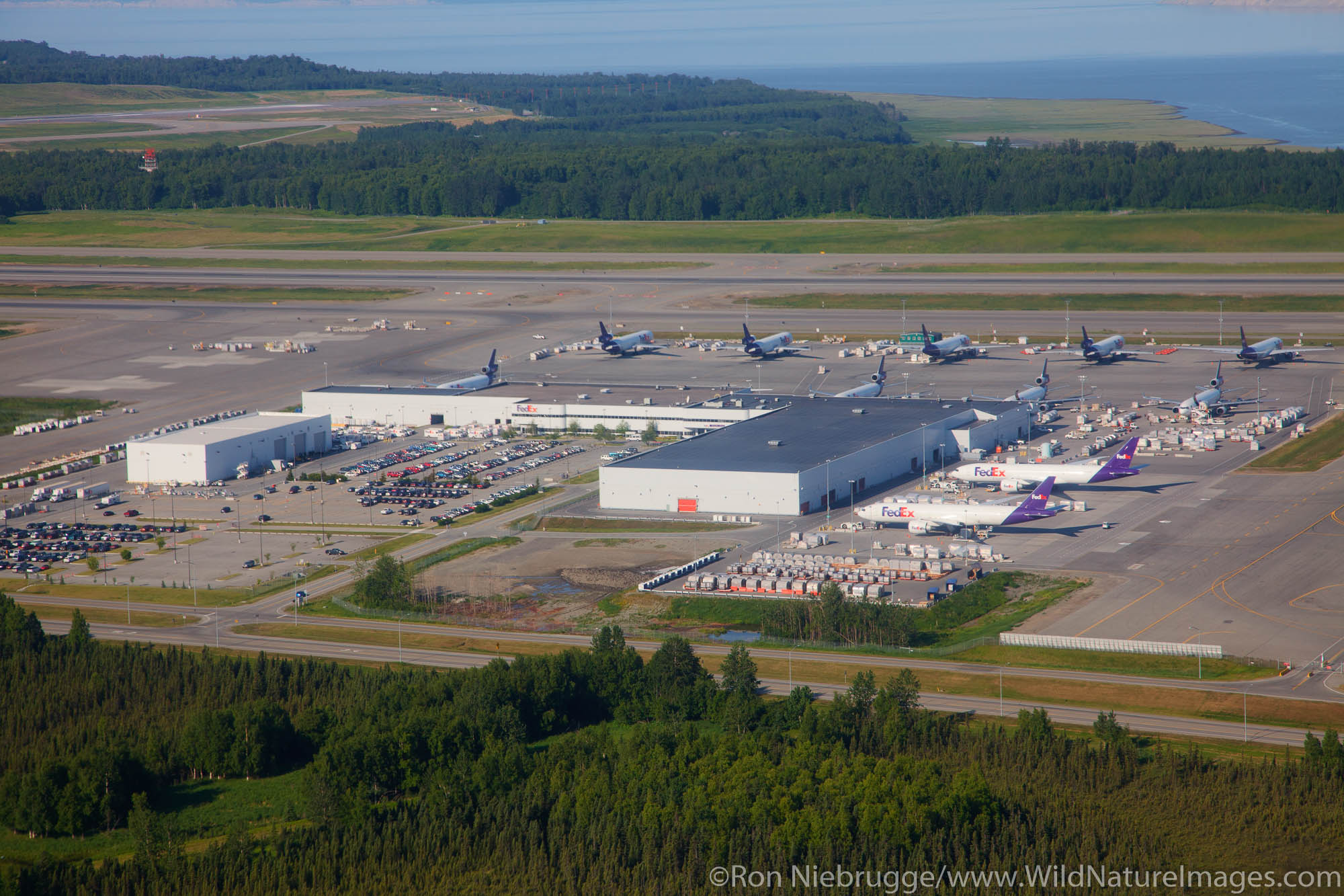 Aerial view of FedEx Terminal atTed Stevens International Airport, Anchorage, Alaska.