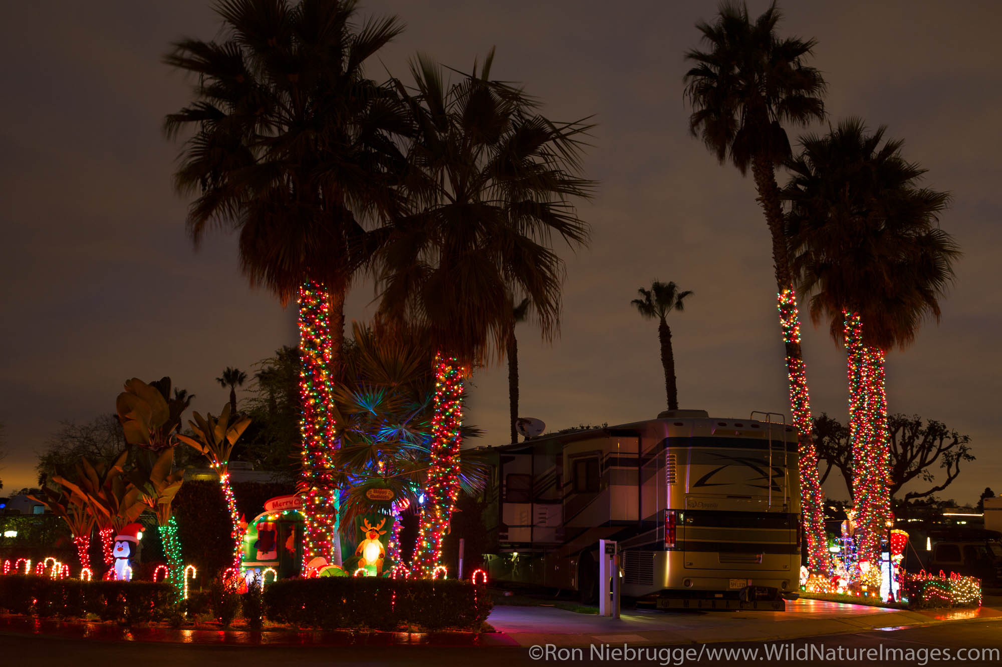 Christmas lights in Newport Dune RV Resort, Newport Beach, Orange County, California.