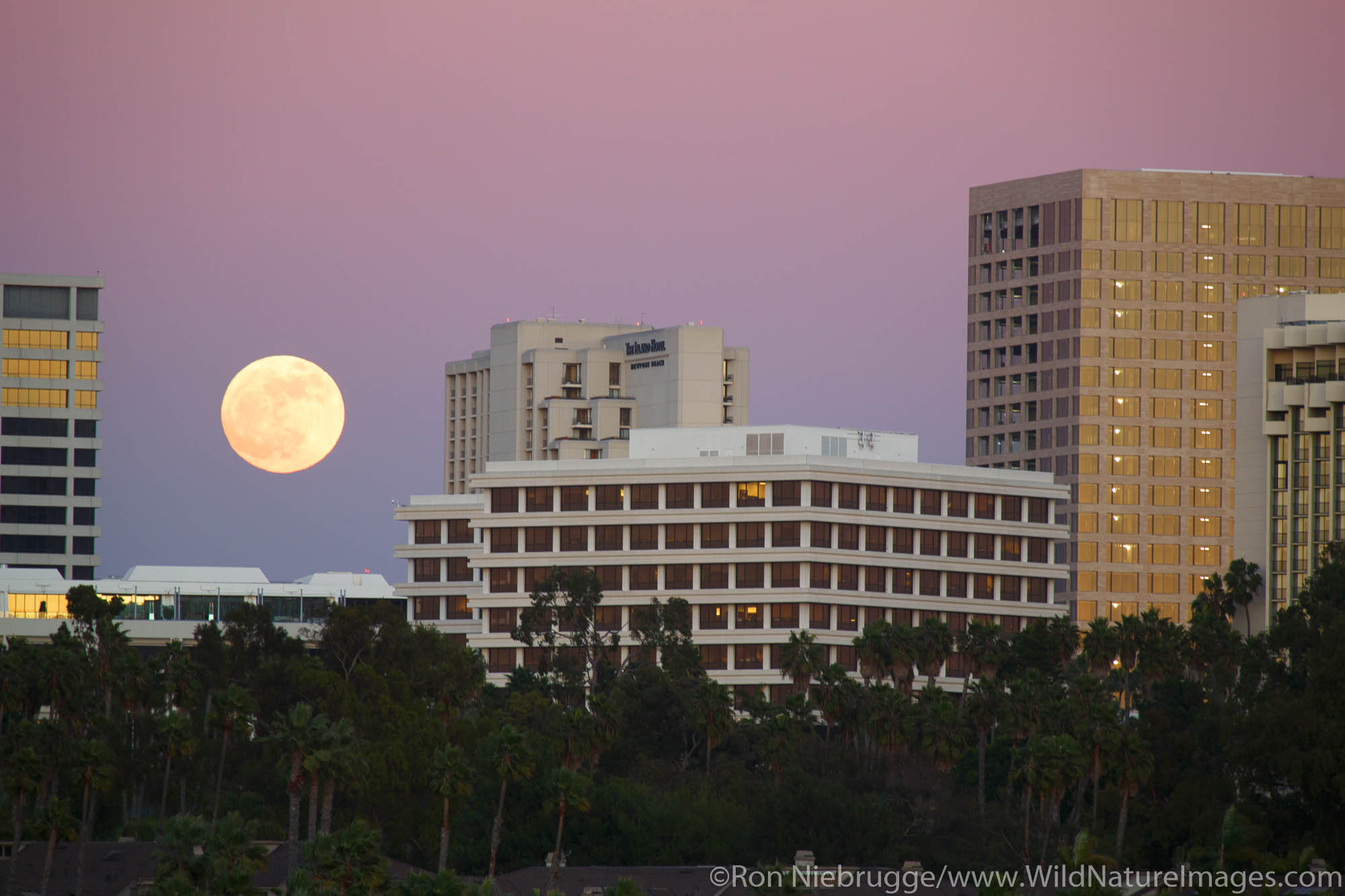 Full moon over Fashion Island, Newport Beach, Orange County, California.