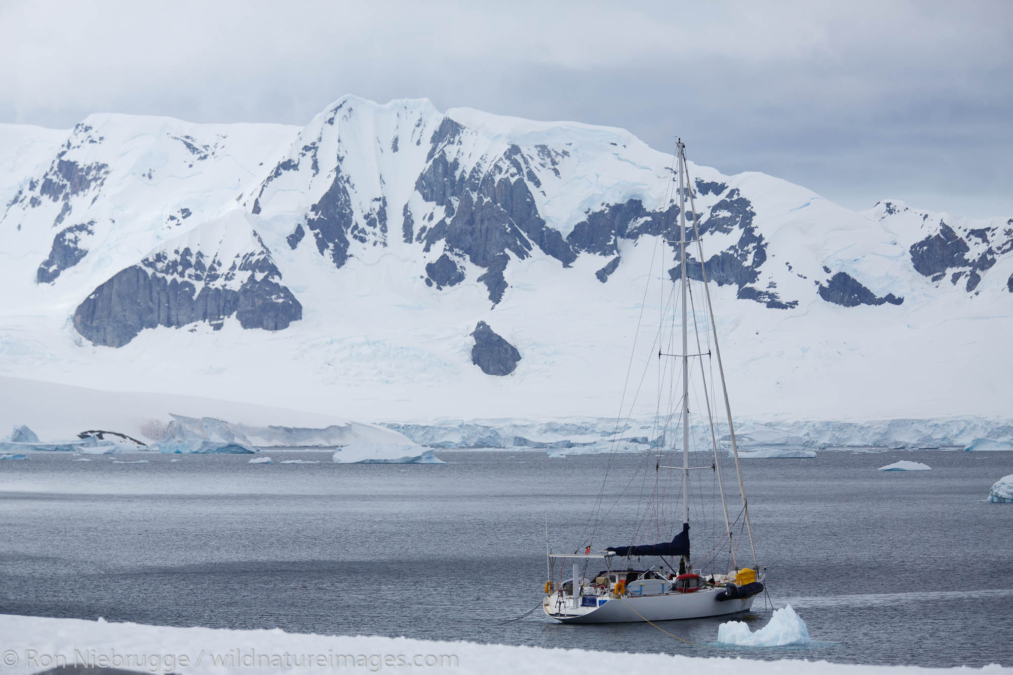 A sail boat at Cuverville Island, Antarctica.