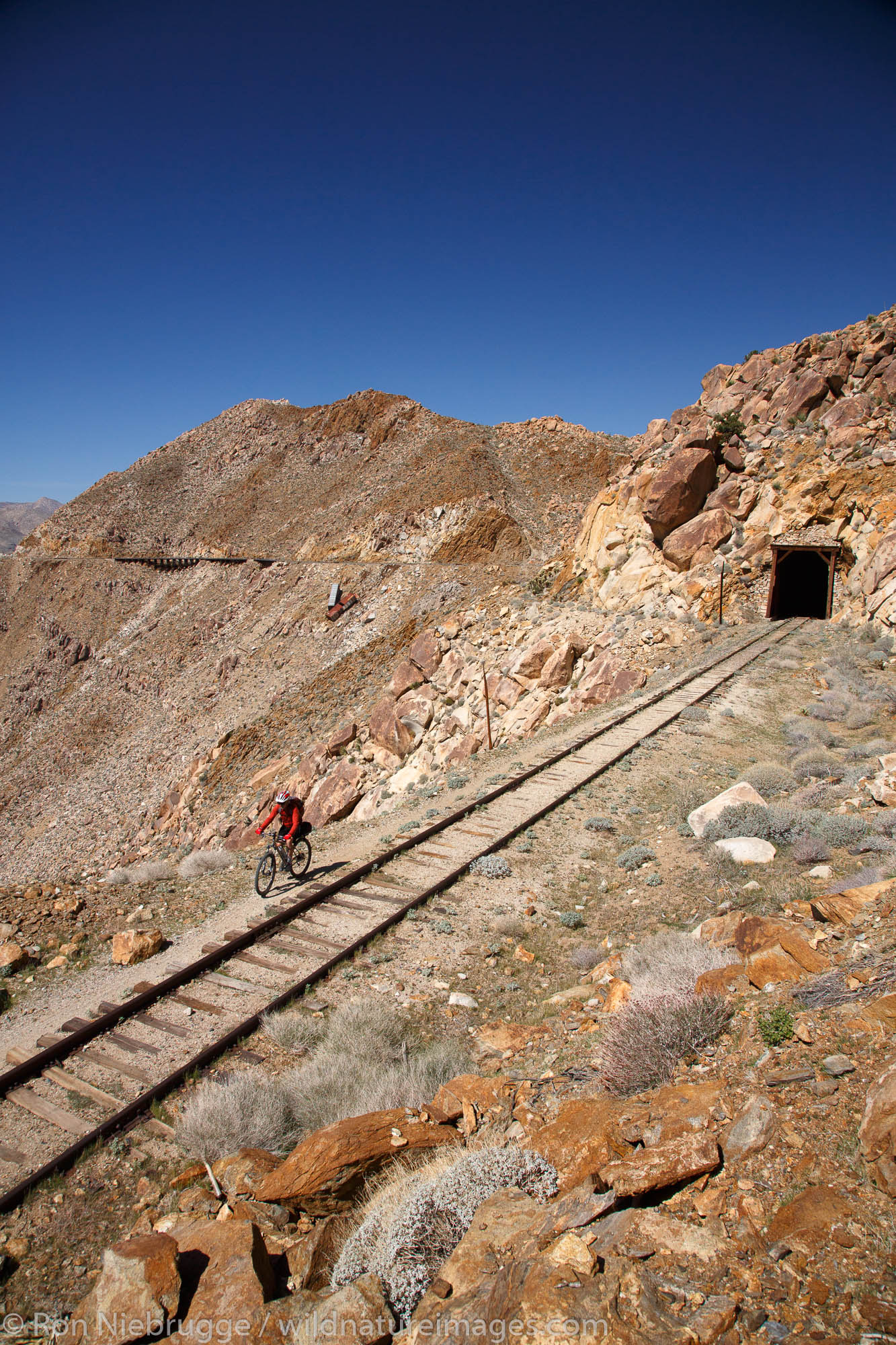 Mountain biking the Carrizo Gorge Railroad Track, Anza-Borrego Desert State Park, California.