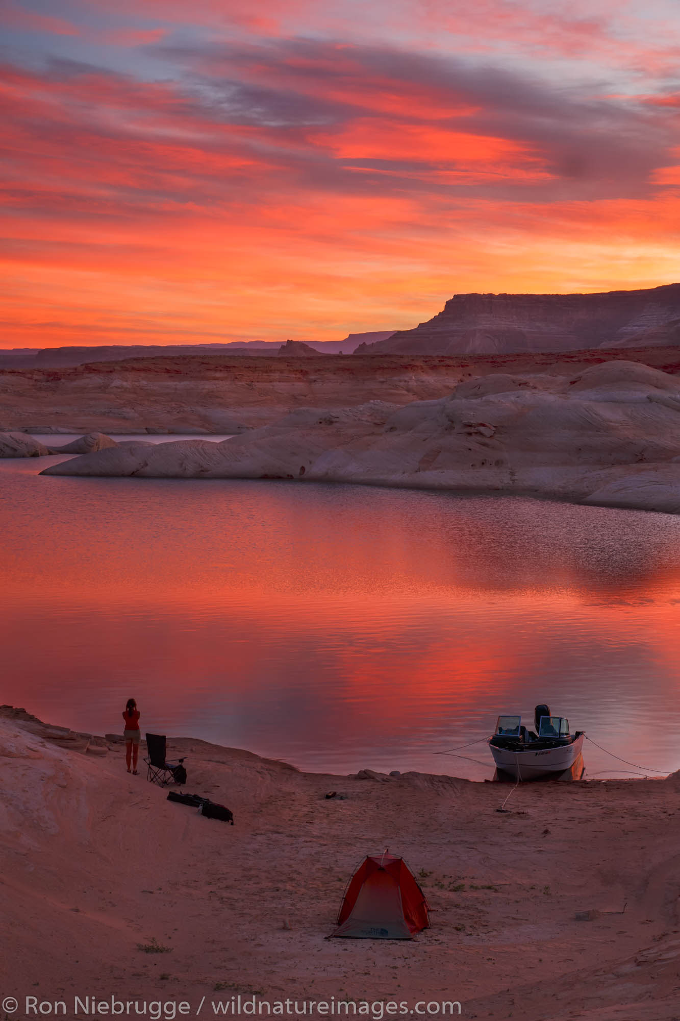Camping in West Canyon at sunrise, Lake Powell, Glen Canyon National Recreation Area, Page, Arizona.