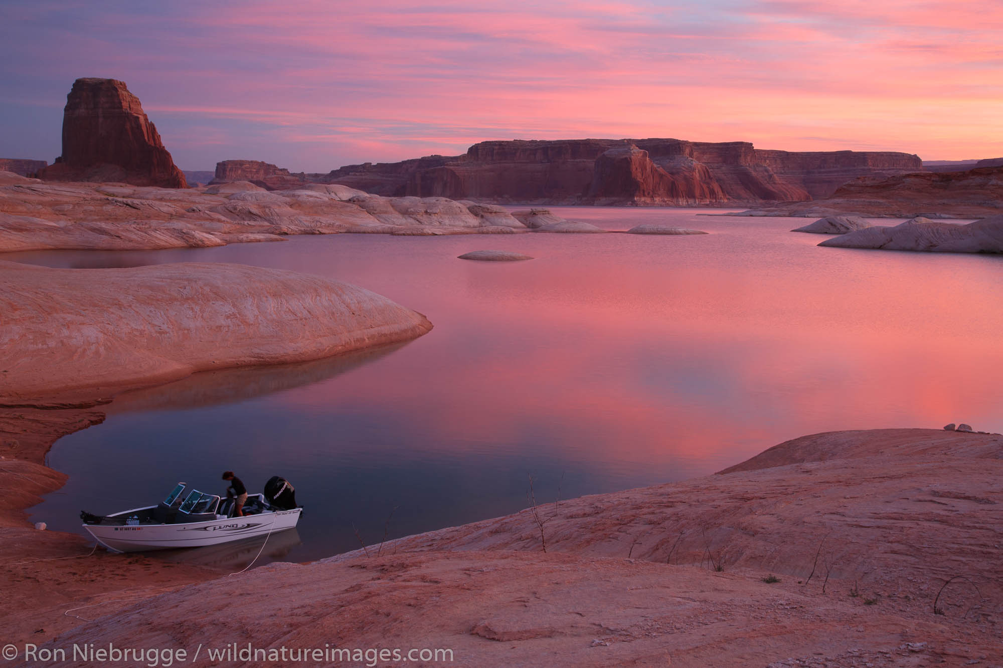 Camping in West Canyon at sunrise, Lake Powell, Glen Canyon National Recreation Area, Page, Arizona.