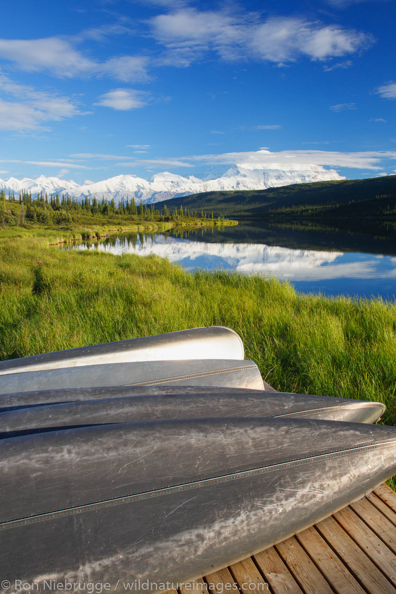 Canoes in front of Mt. McKinley, also known as Denali, from Wonder Lake, Denali National Park, Alaska.