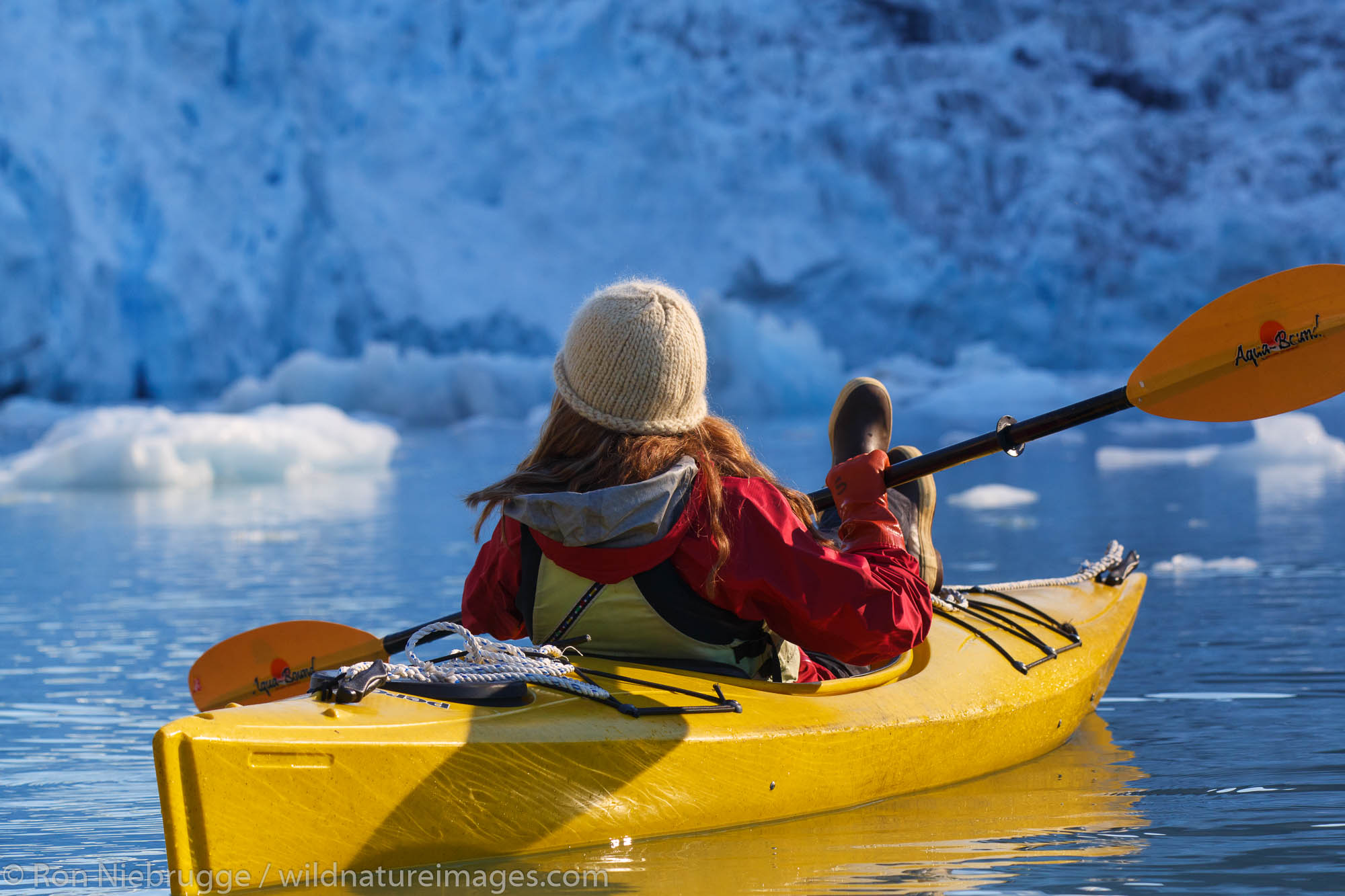 Kayaking in front of Barry Glacier, Harriman Fjord, Prince William Sound, Chugach National Forest, Alaska.