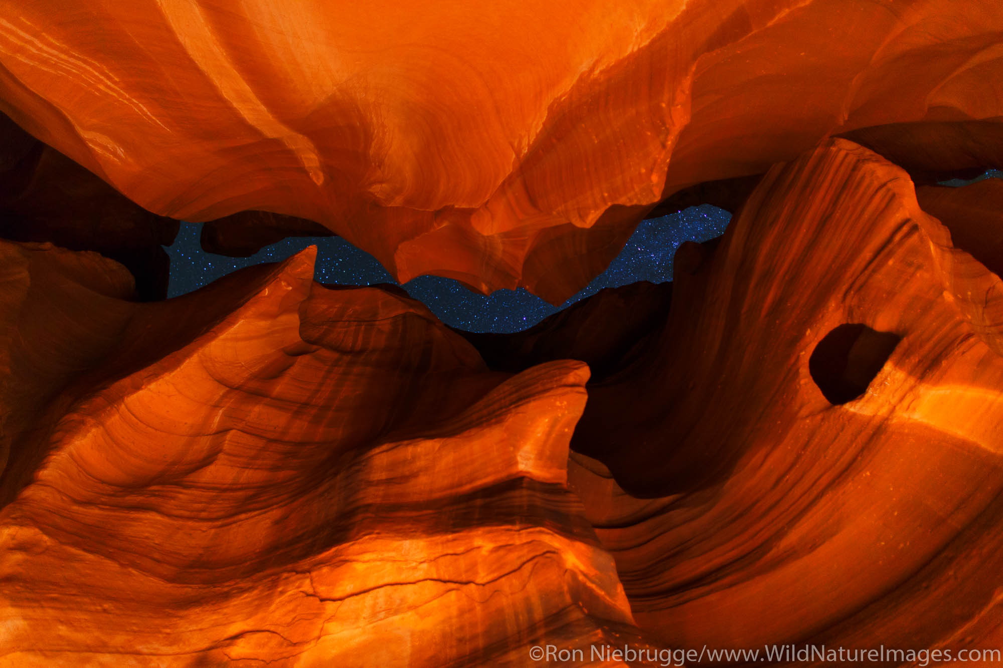 Night sky in Upper Antelope Slot Canyon, Navajo Park Land, Page, Arizona.