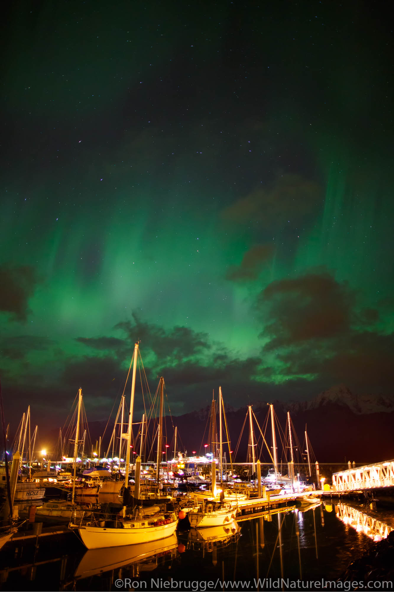 Aurora borealis over Seward Boat Harbor,  Resurrection Bay, Seward, Alaska.