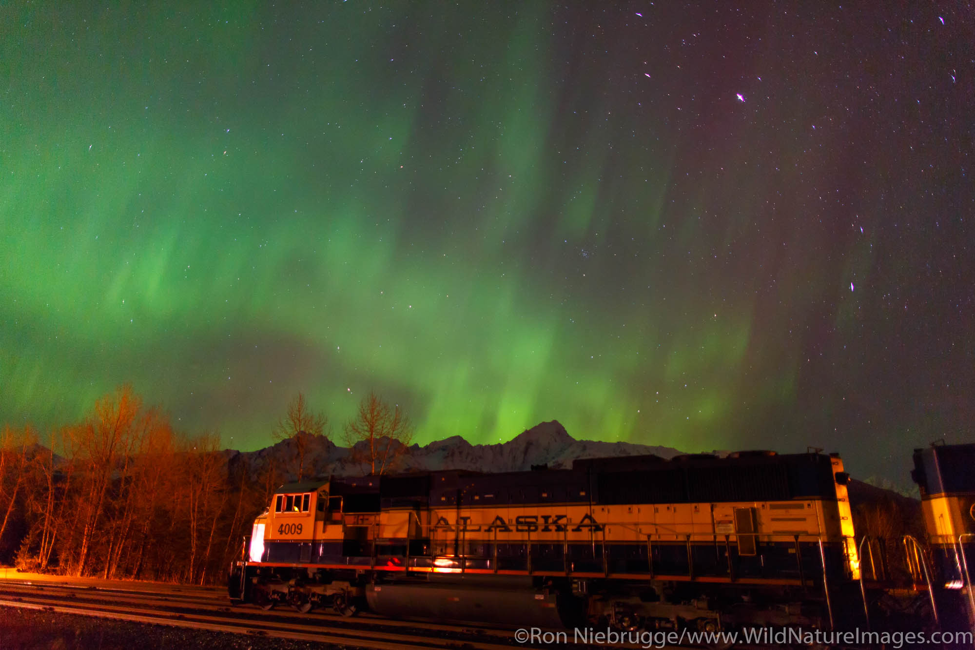 Aurora borealis over the Alaska Railroad, Seward, Alaska.