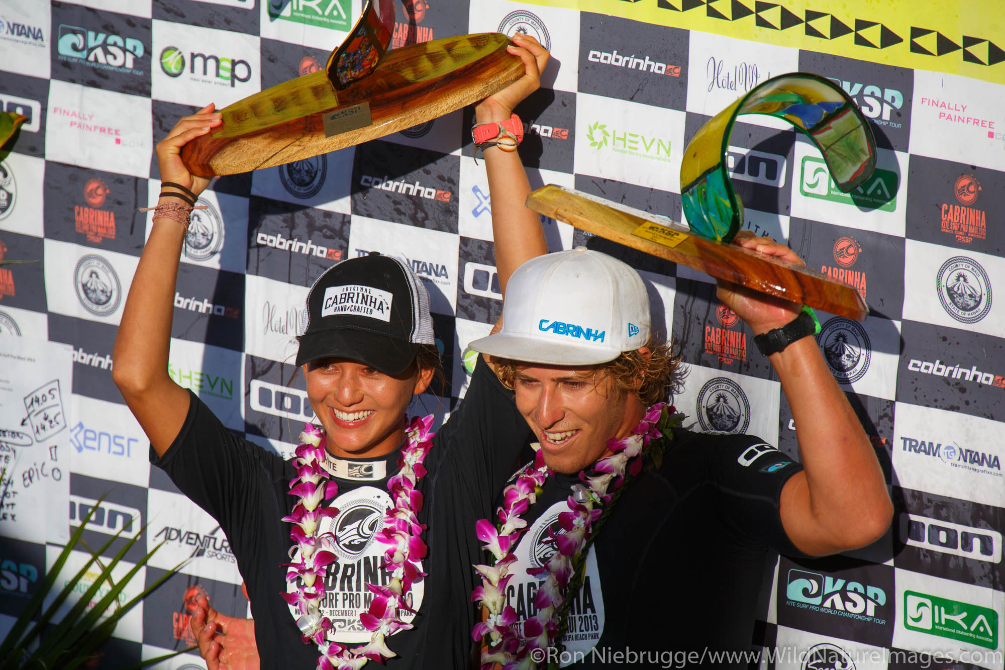 2013 World Champions. Moona Whyte (from Hawaii) and Keahi DeAboitiz (Australia) at the 2013 Kite Surf Pro World Championships...