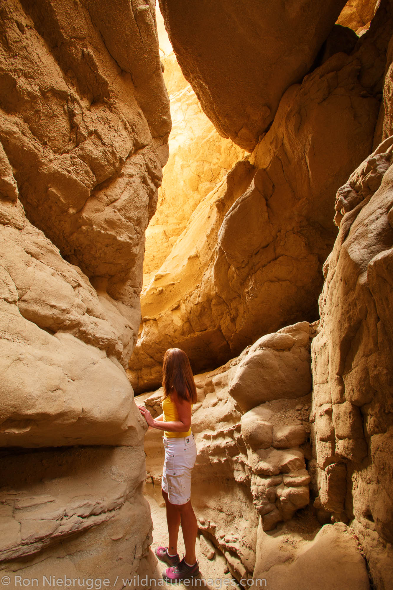 A visitor explores a slot canyon in Anza-Borrego Desert State Park, California. (model released)