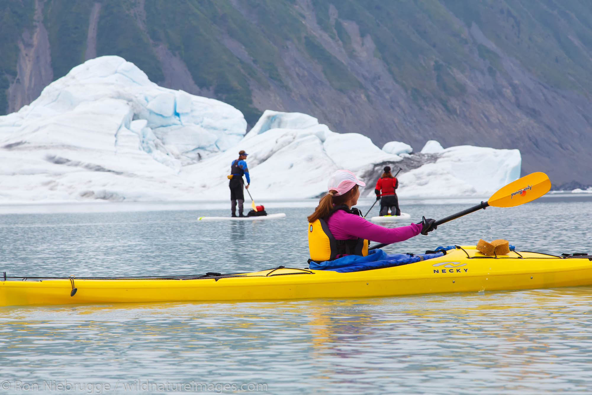 Kayaking in Bear Glacier Lagoon, Kenai Fjords National Park, near Seward, Alaska.  (model released)