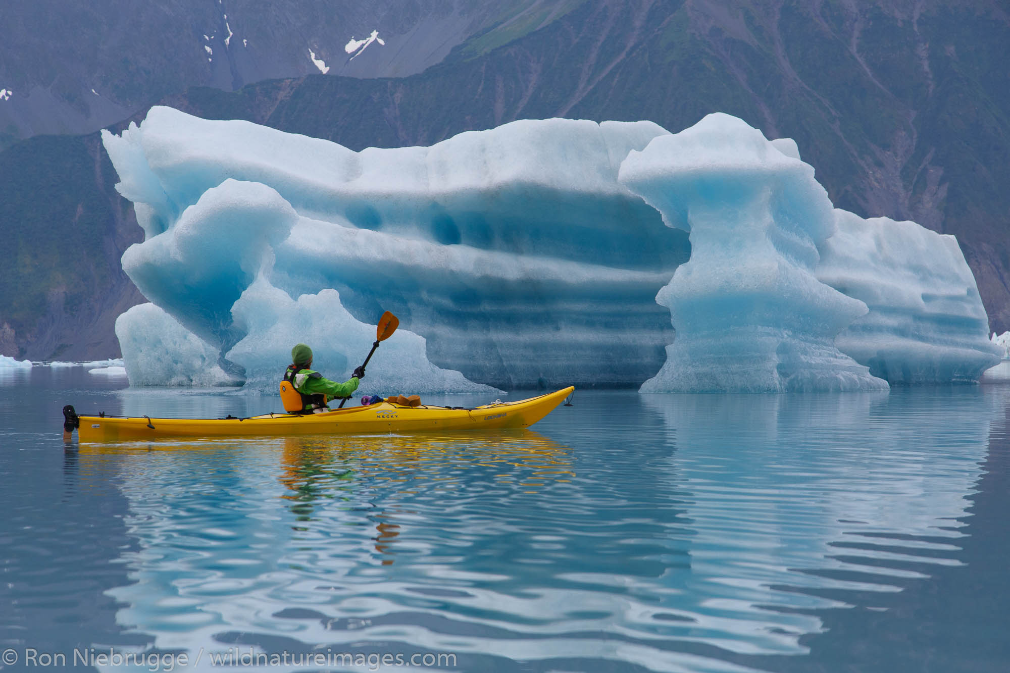 Kayaking in Bear Glacier Lagoon, Kenai Fjords National Park, near Seward, Alaska.  (model released)