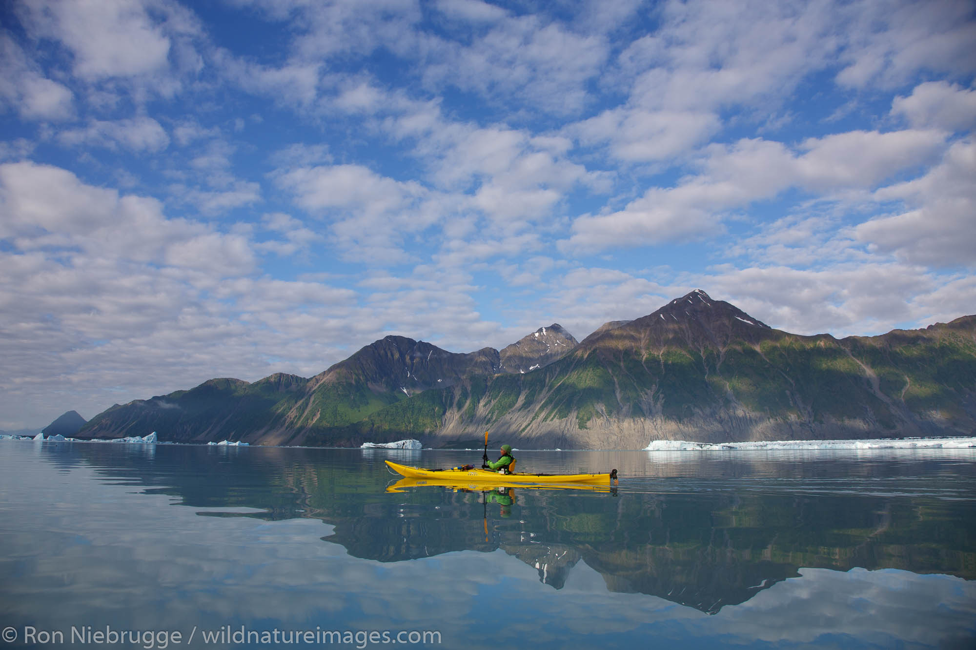 Kayaking in Bear Glacier Lagoon, Kenai Fjords National Park, near Seward, Alaska.  (model released)