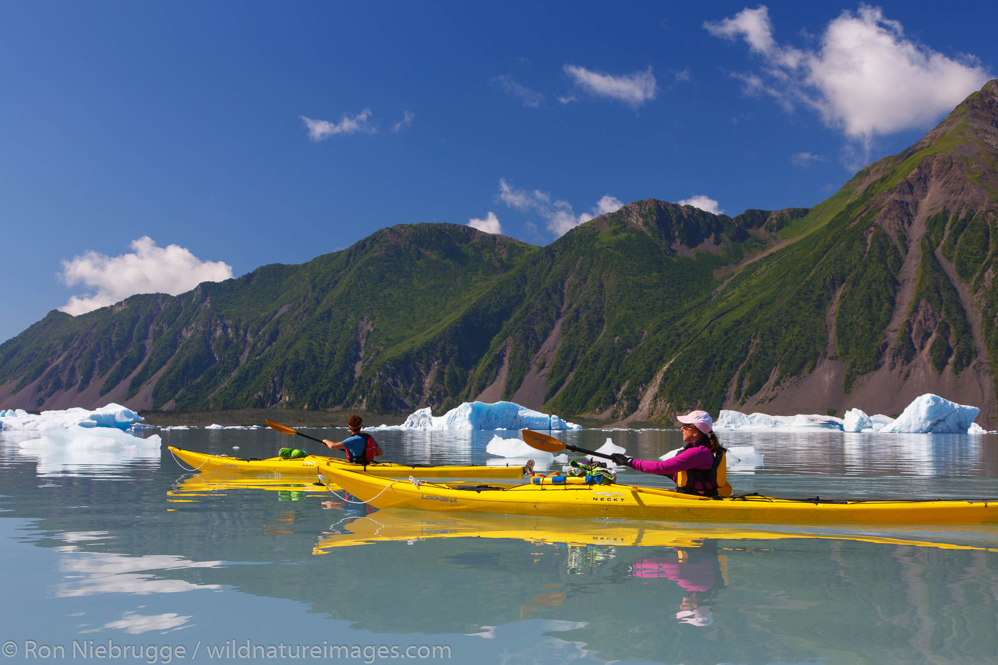 Kayaking in Bear Glacier Lagoon, Kenai Fjords National Park, near Seward, Alaska.  (model released)