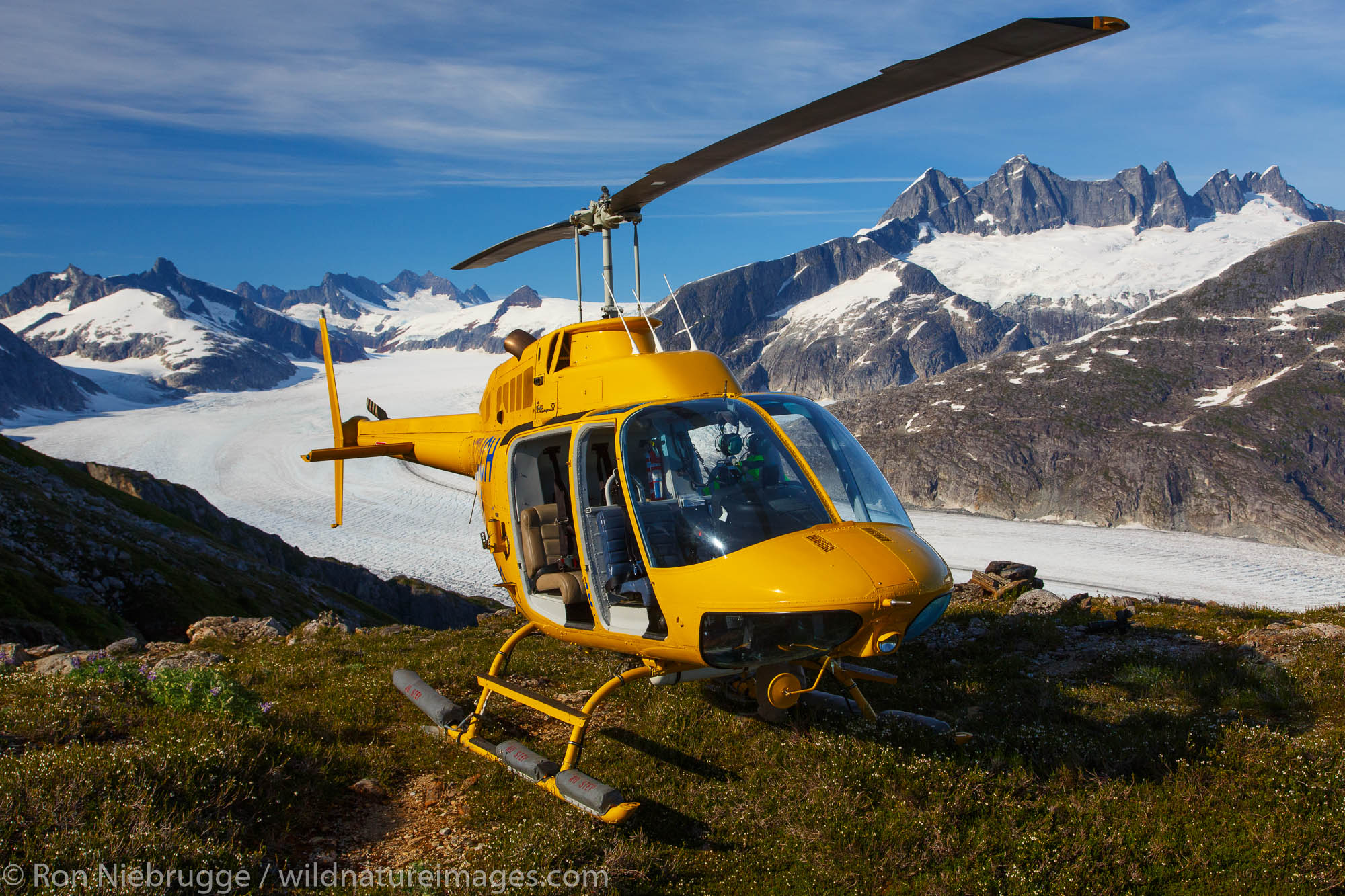 Helicopter on Mount Stroller White above the Mendenhall Glacier, Tongass National Forest, Alaska.