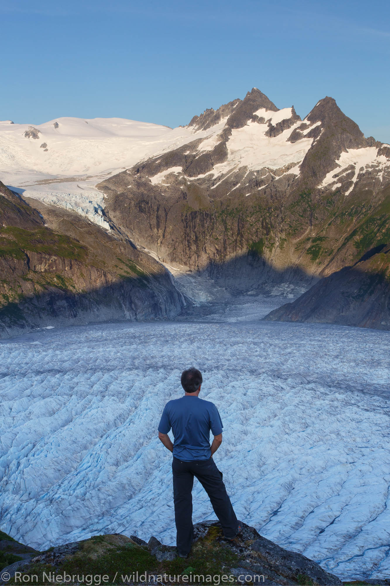 A hiker on Mount Stroller White above the Mendenhall Glacier, Tongass National Forest, Alaska. (model released)