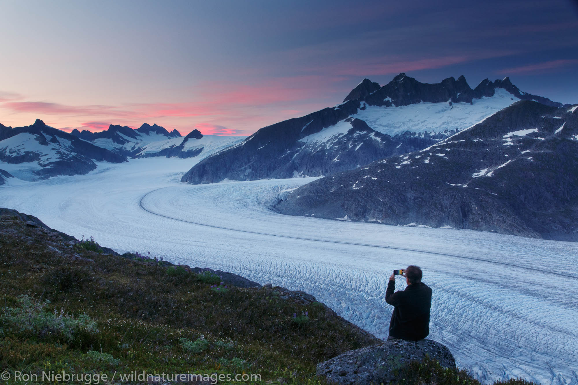 A hiker on Mount Stroller White above the Mendenhall Glacier, Tongass National Forest, Alaska. (model released)