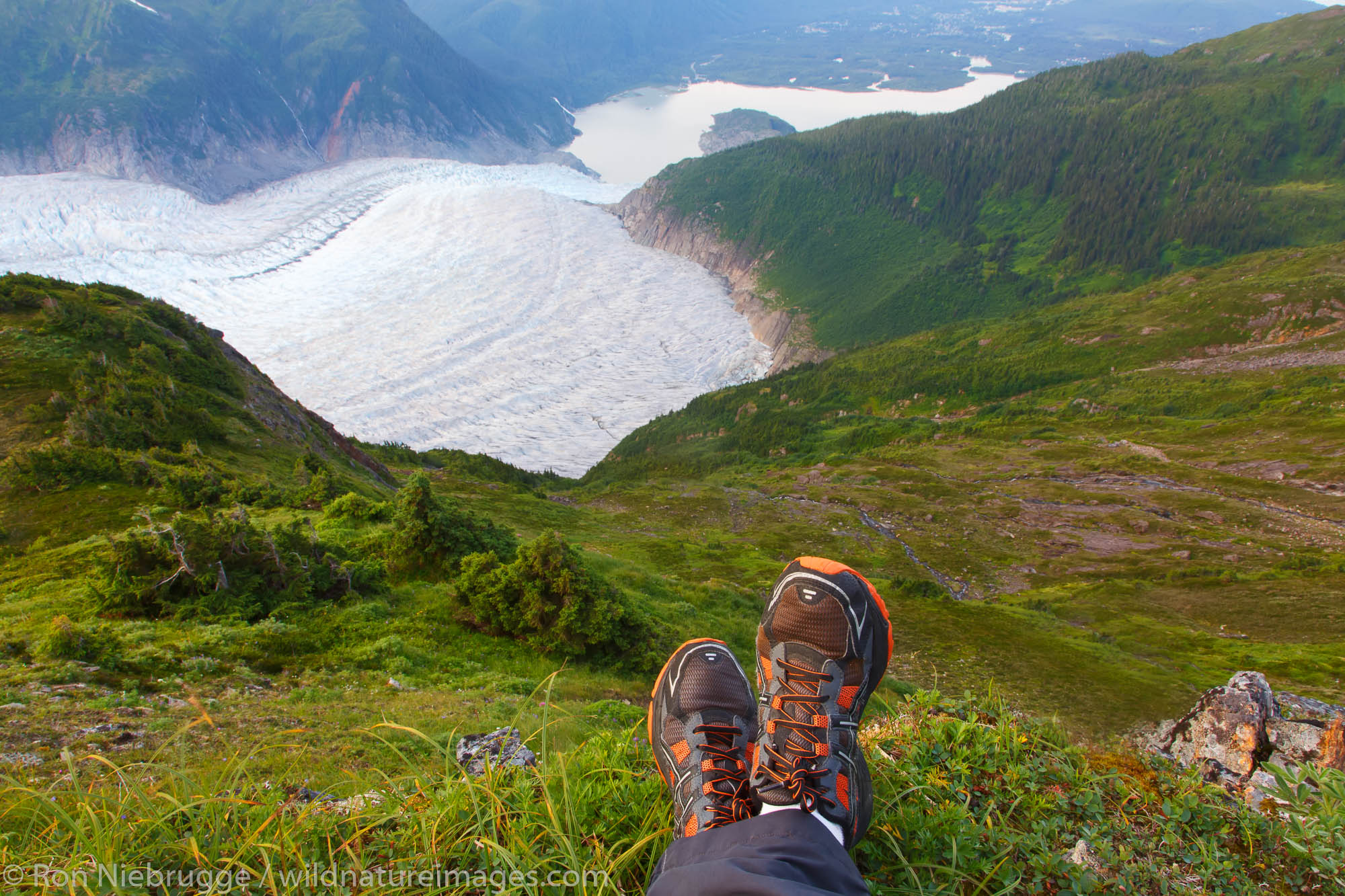 A hiker on Mount Stroller White above the Mendenhall Glacier, Tongass National Forest, Alaska.