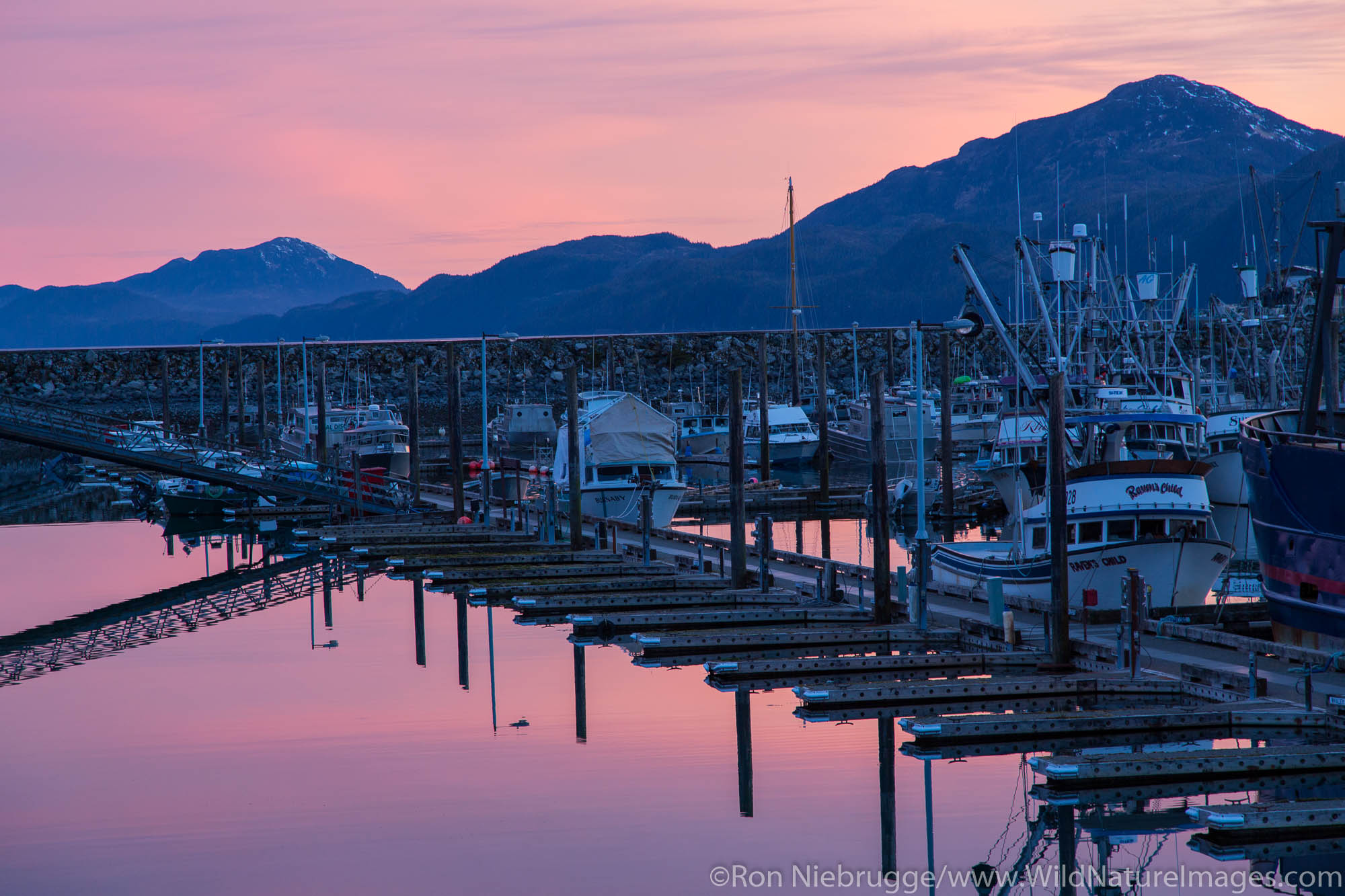 Boat harbor at sunsett, Cordova, Alaska.