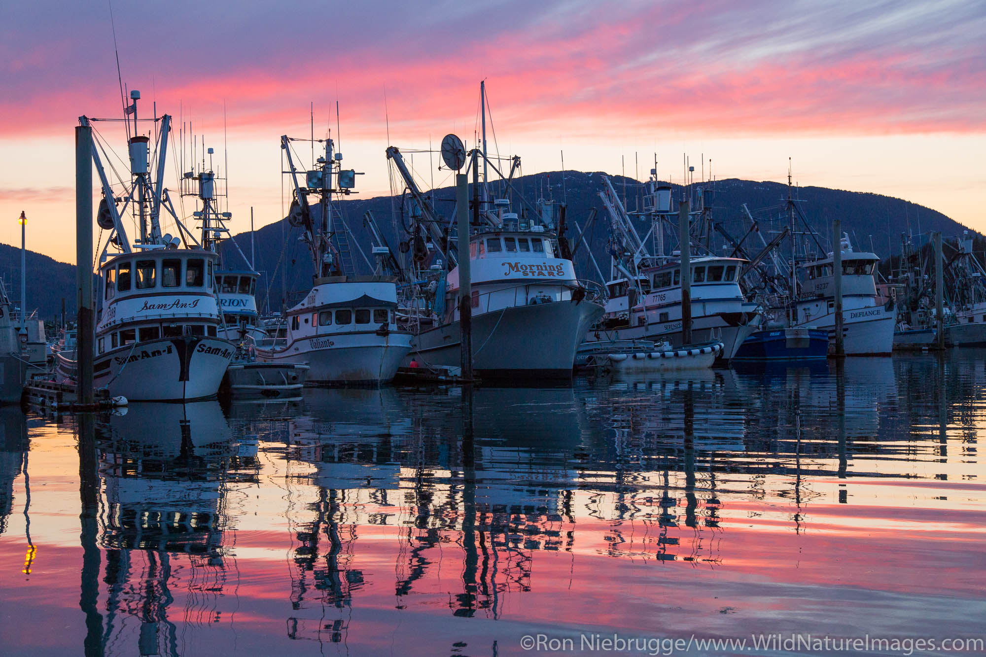 Boat harbor at sunsett, Cordova, Alaska.