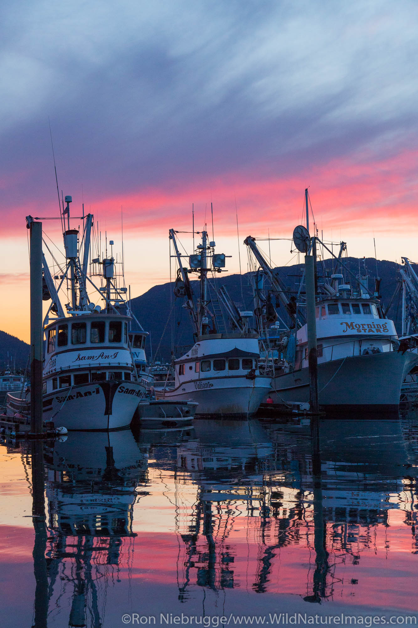 Boat harbor at sunsett, Cordova, Alaska.