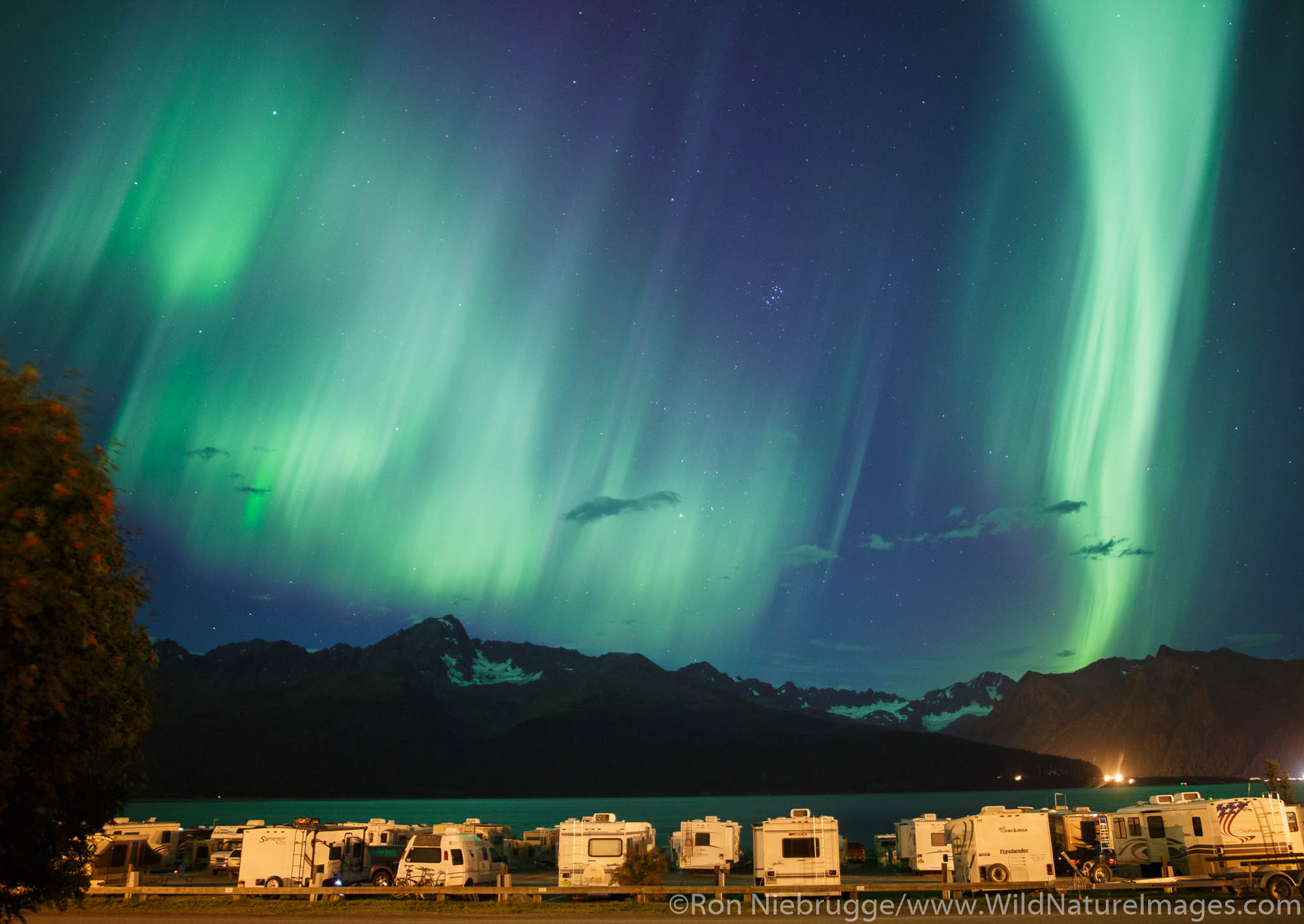 Northern lights dance above the town of Seward, Alaska.