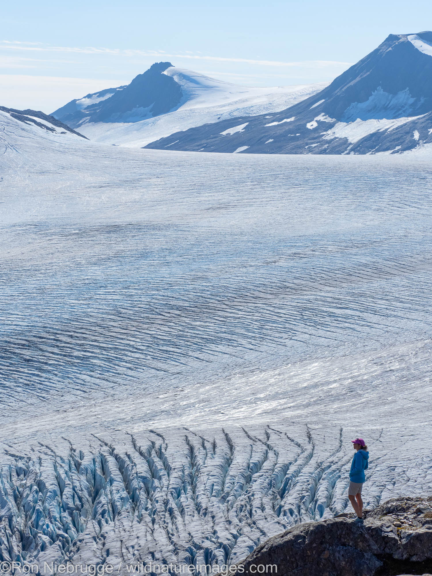 Hiker, Harding Icefield from Exit Glacier Trail, Kenai Fjords National Park, near Seward, Alaska.