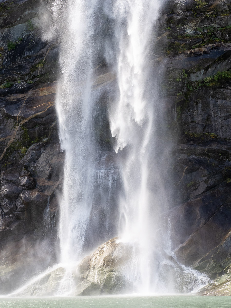 A huge waterfall near LeConte Glacier, one of a number in the area.  Tongass National Forest, Alaska.