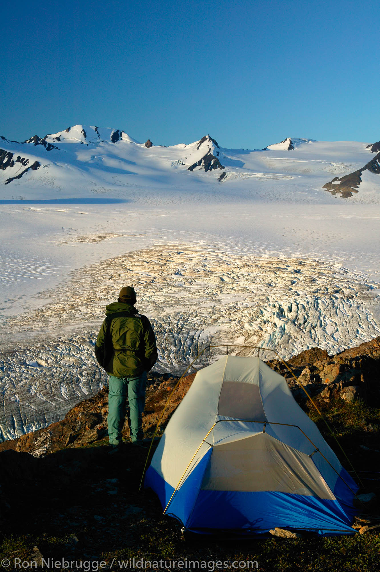 Tent camping at the Harding Icefield.  Kenai Fjords National Park, Alaska.  MR