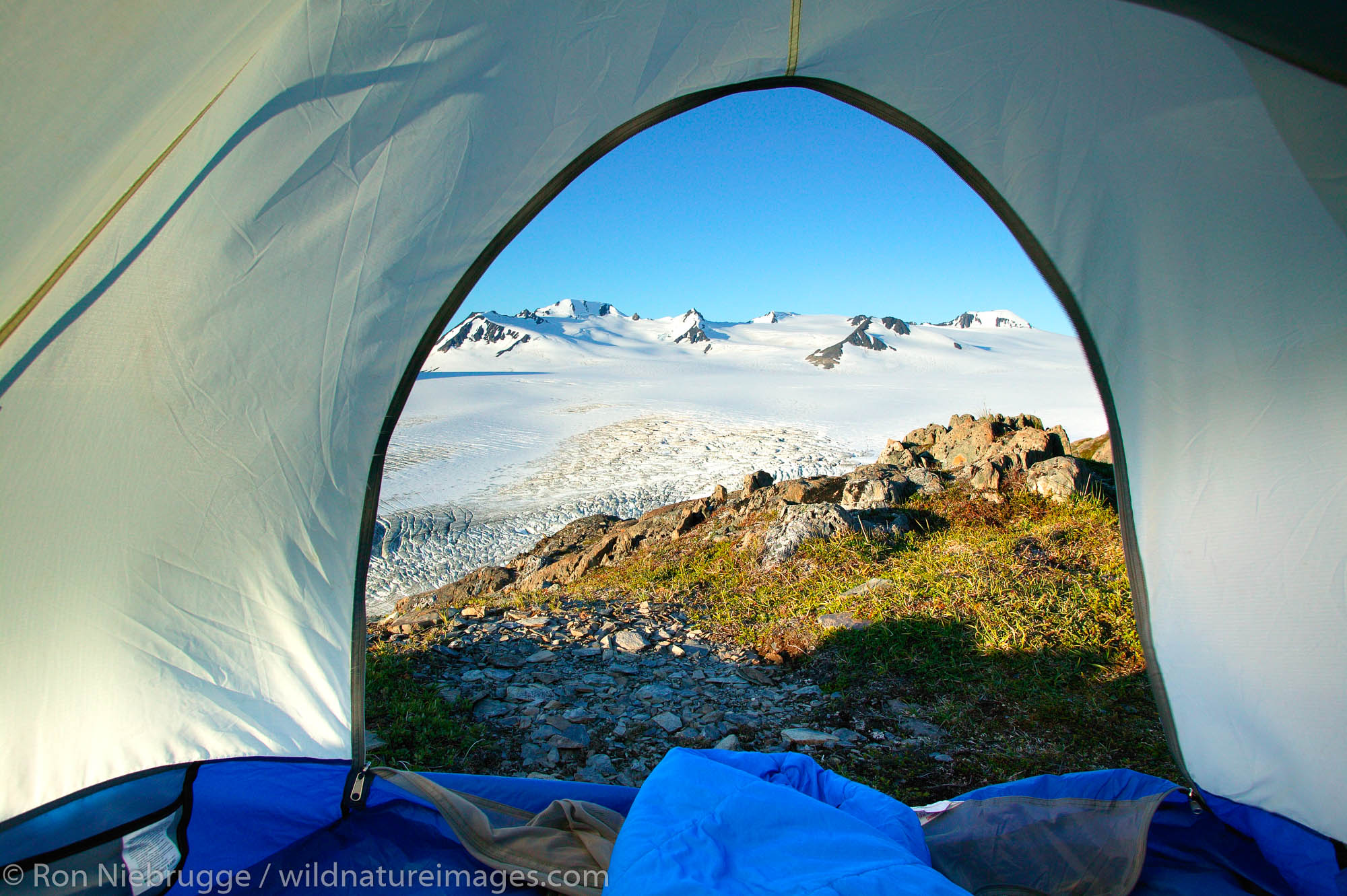 Tent camping at the Harding Icefield.  Kenai Fjords National Park, Alaska.
