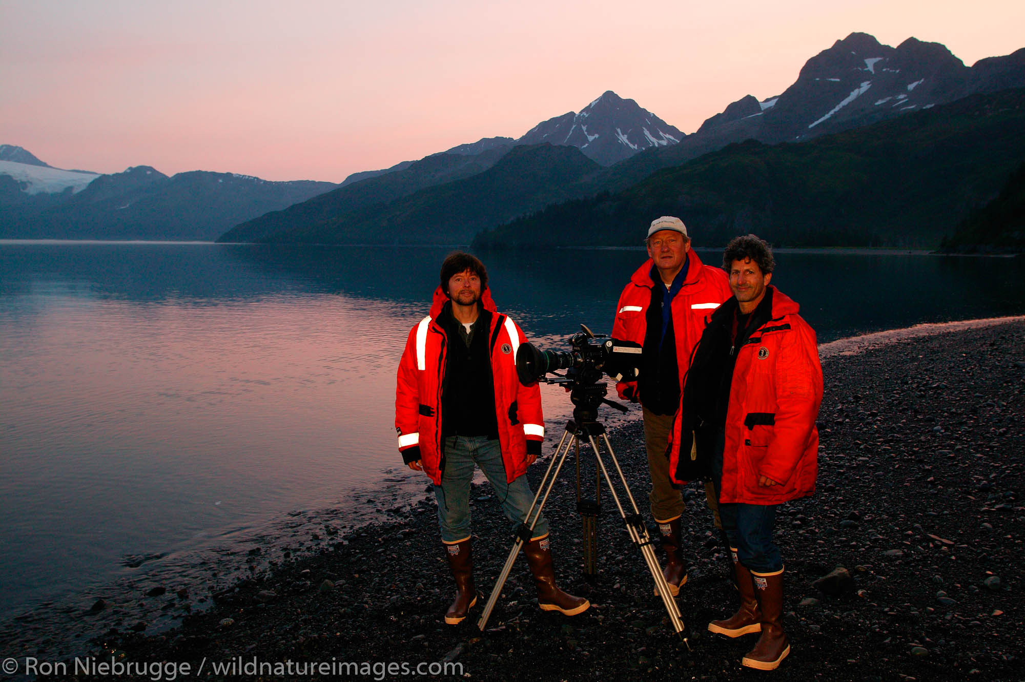 Dayton Duncan, Buddy Squires and Ken Burns filming in Aialik Bay, Kenai Fjords National Park, Alaska.