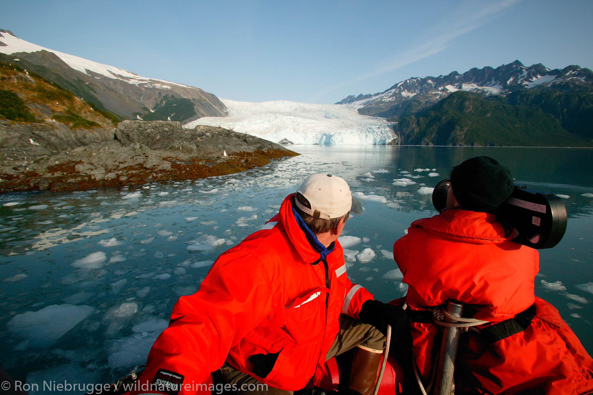 Dayton Duncan helping Buddy Squires film for Ken Burns in Aialik Bay, Kenai Fjords National Park, Alaska.