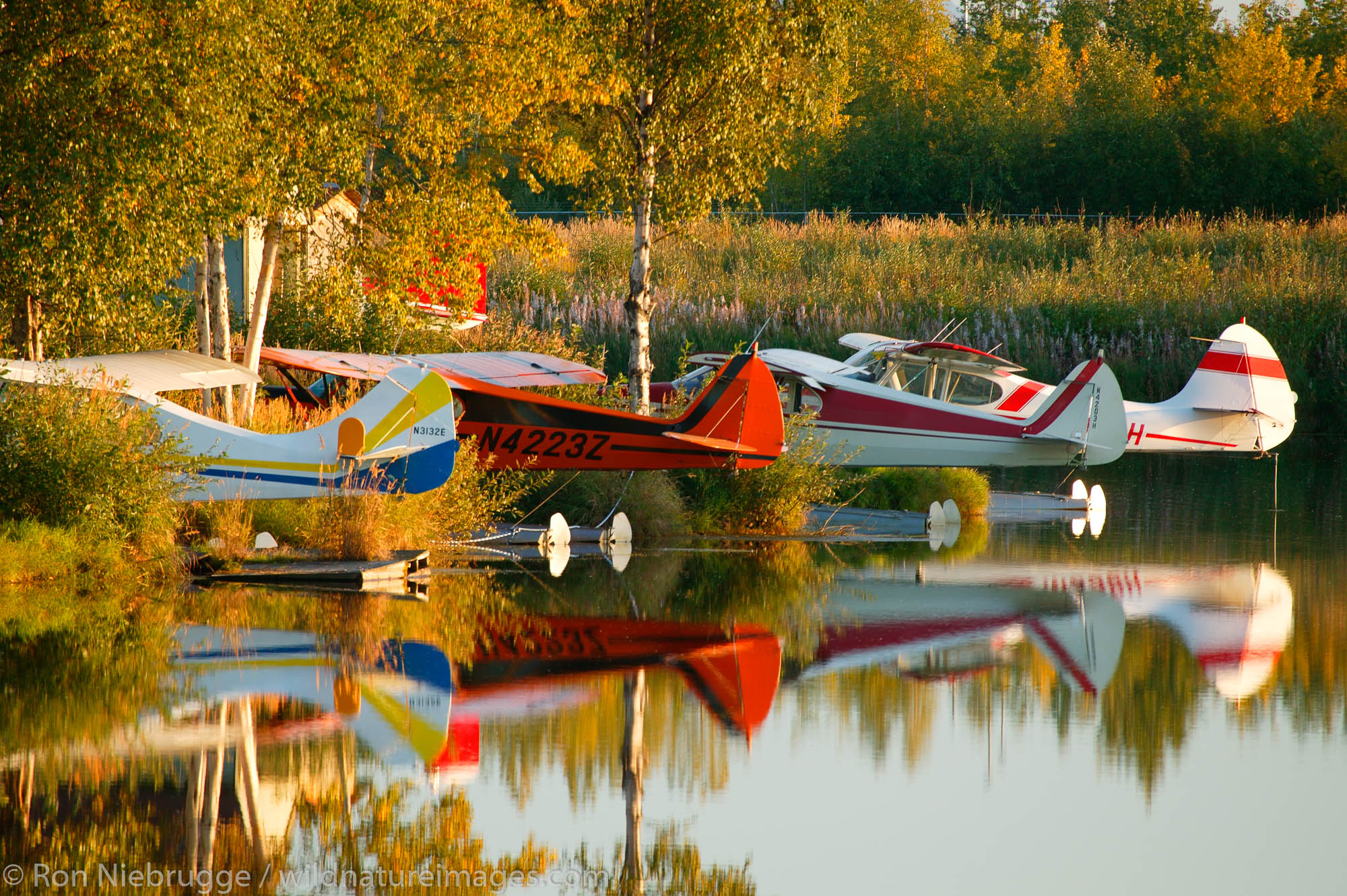Float planes on Lake Hood, Anchorage, Alaska.  Lake Hood is the world's largest and busiest seaplane base.