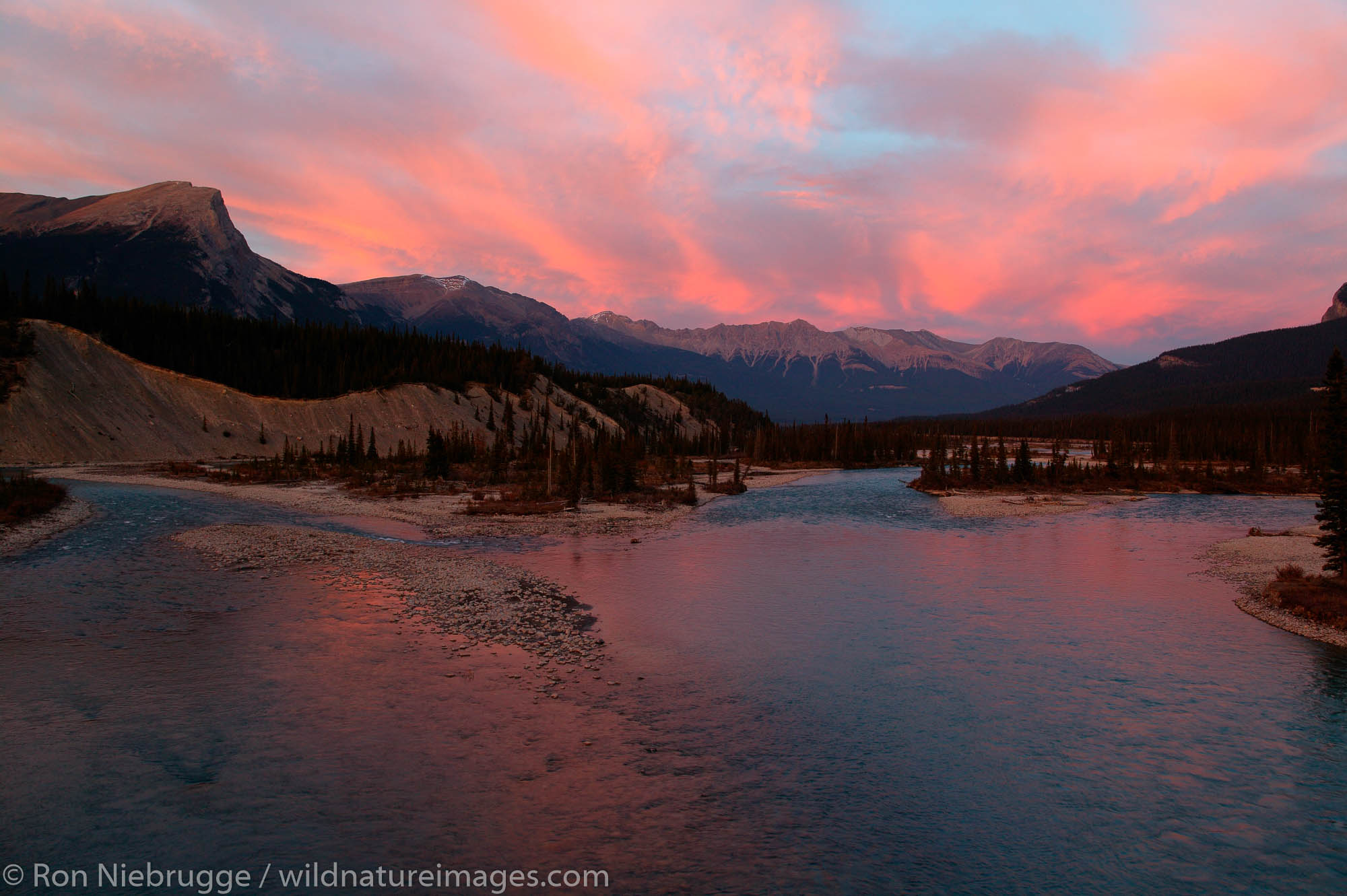 Saskatchewan River at sunset, Banff National Park, Alberta, Canada.