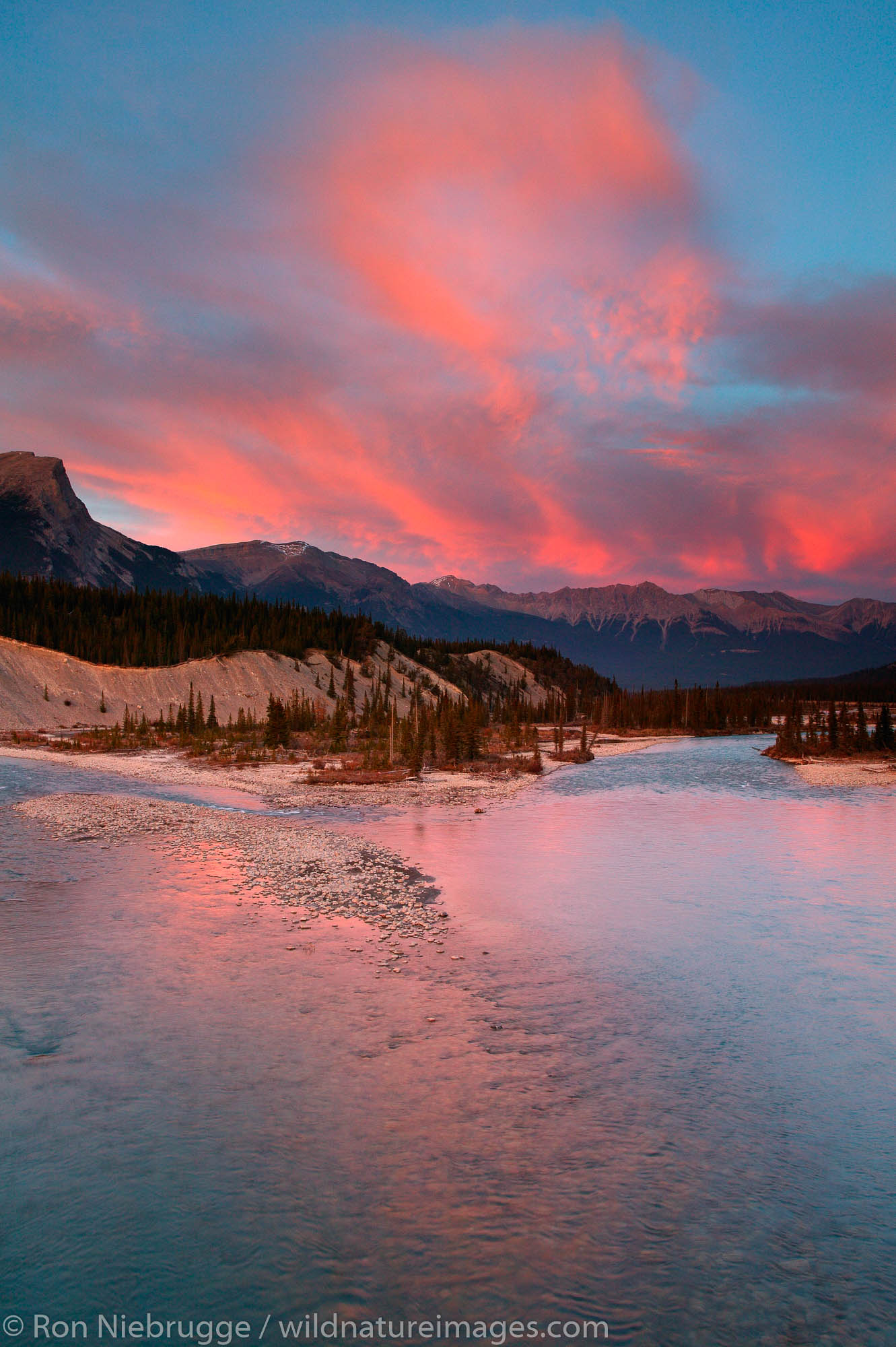 Saskatchewan River at sunset, Banff National Park, Alberta, Canada.